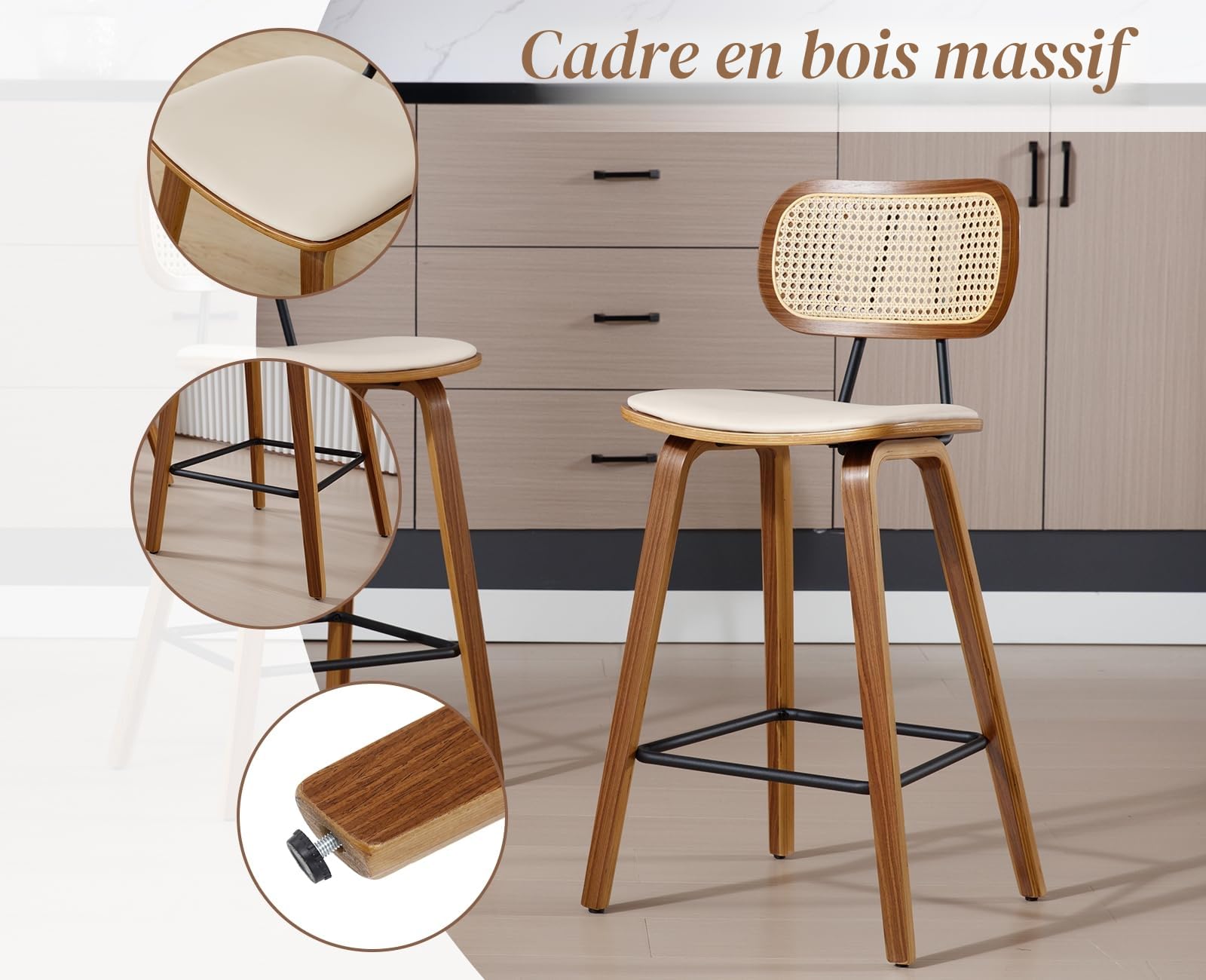 chairus Tabourets de Bar Lot de 2 Tabourets de Comptoir Bois et Métal Chaise Haute Bar avec Dossier Rotin pour Central Îlot, Beige