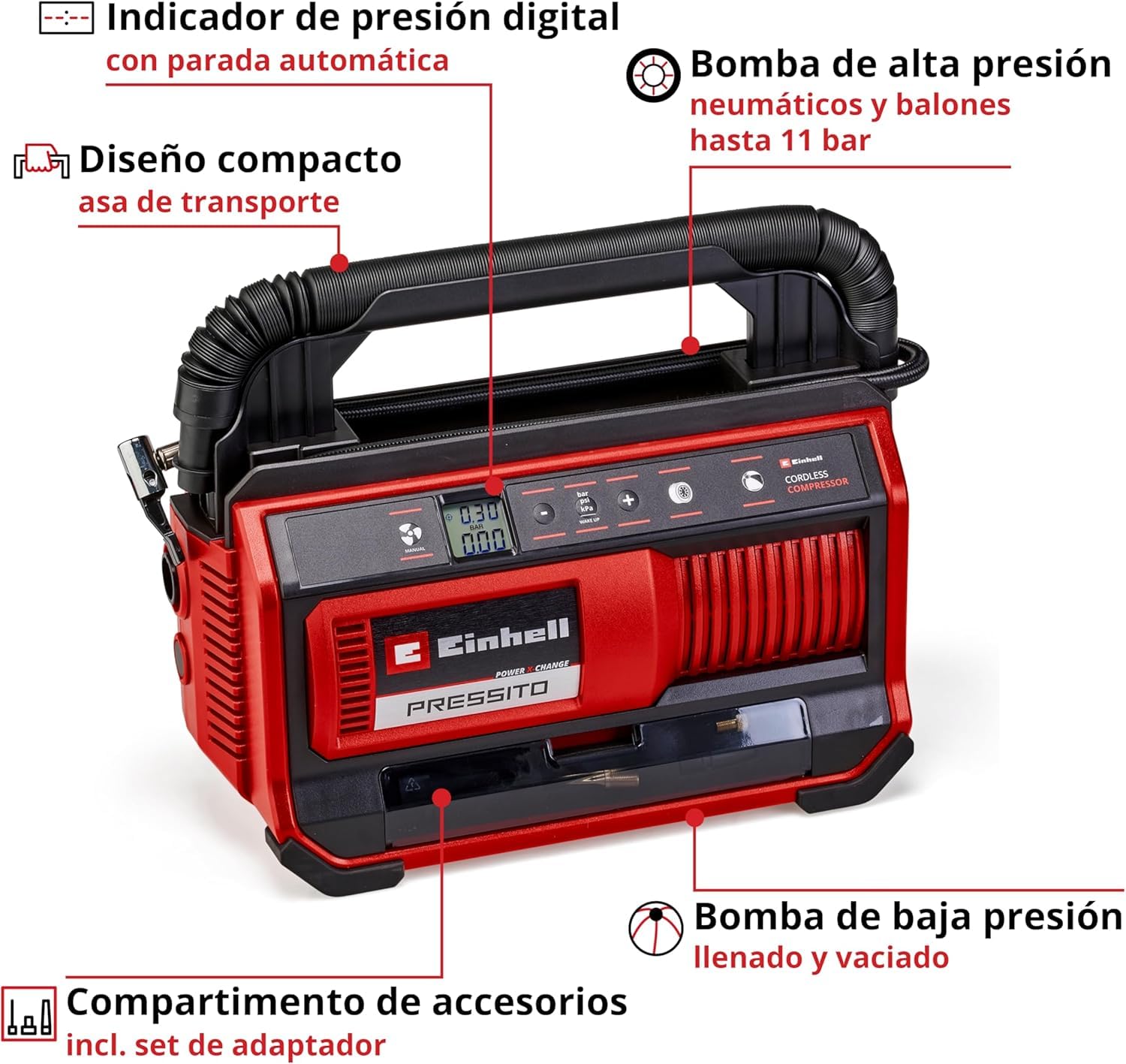 Einhell Compresor con batería PRESSITO 18/25 Power X-Change (18 V, máx. 11 bar, incl. set adaptador de 3 piezas, incl. tubo de alta presión de 71 cm y tubo de baja presión de 1,6 m, sin batería)