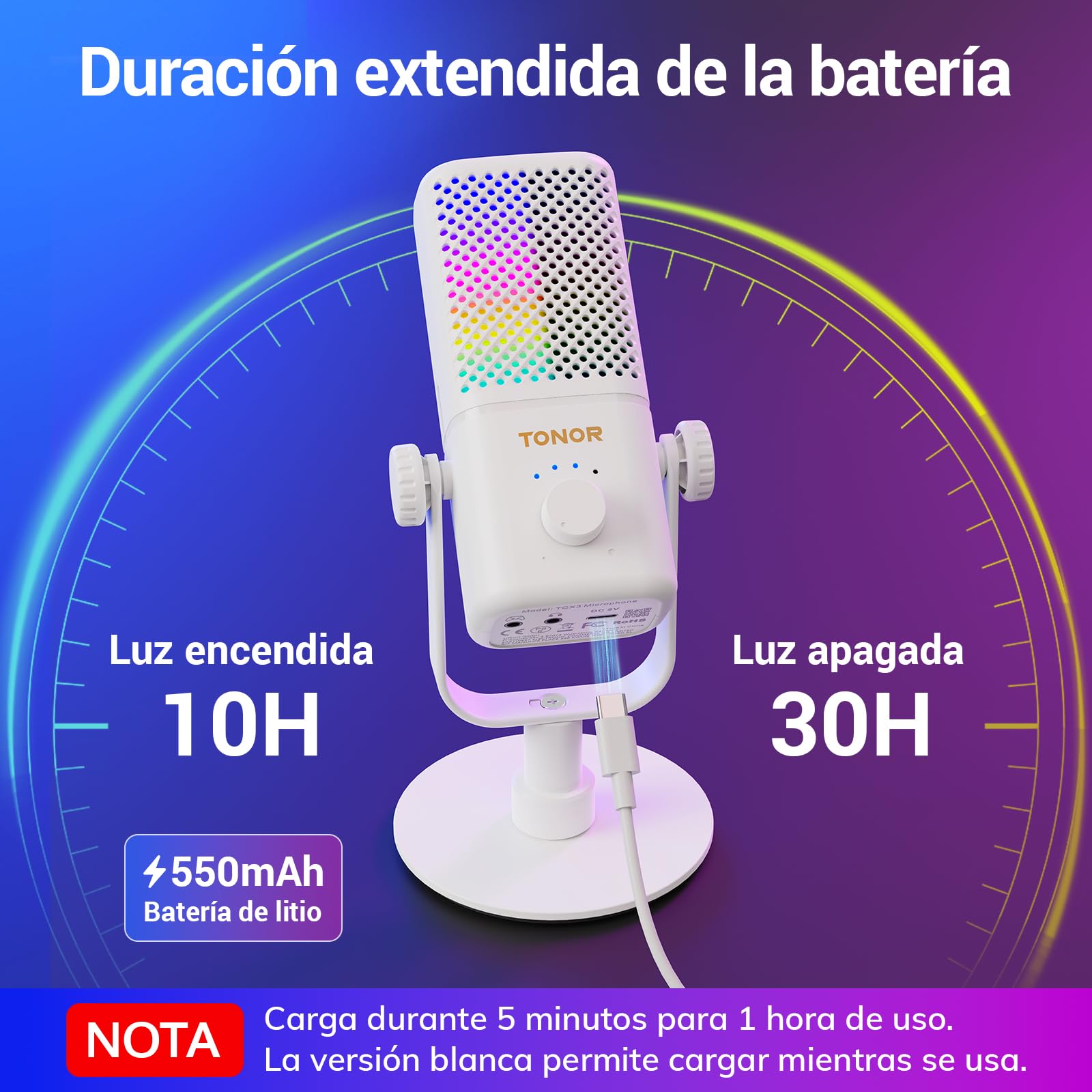 TONOR Micrófono para Juegos Compatible con Xbox, Micrófono Condensador RGB con Vida útil de la Batería 30h, Control de Ganancia, Micrófono de Escritorio con Botón Silencio, Blanco, 200cm,TCX3