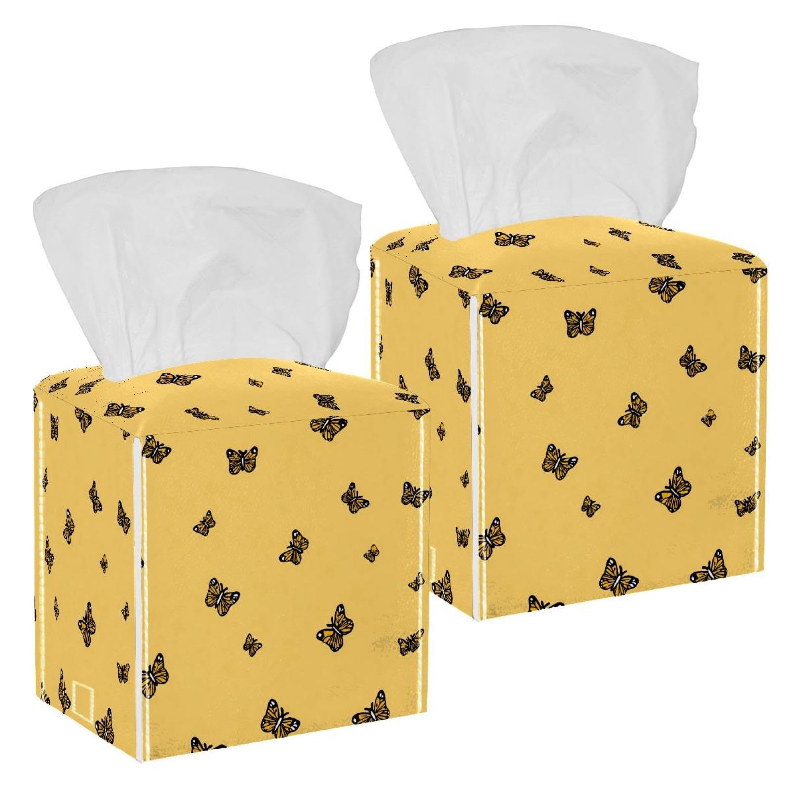Butterfly Tissue Box Cover, 2 Pack PU Leather Square Facial Tissue Dispenser Box holder for Home Office Car