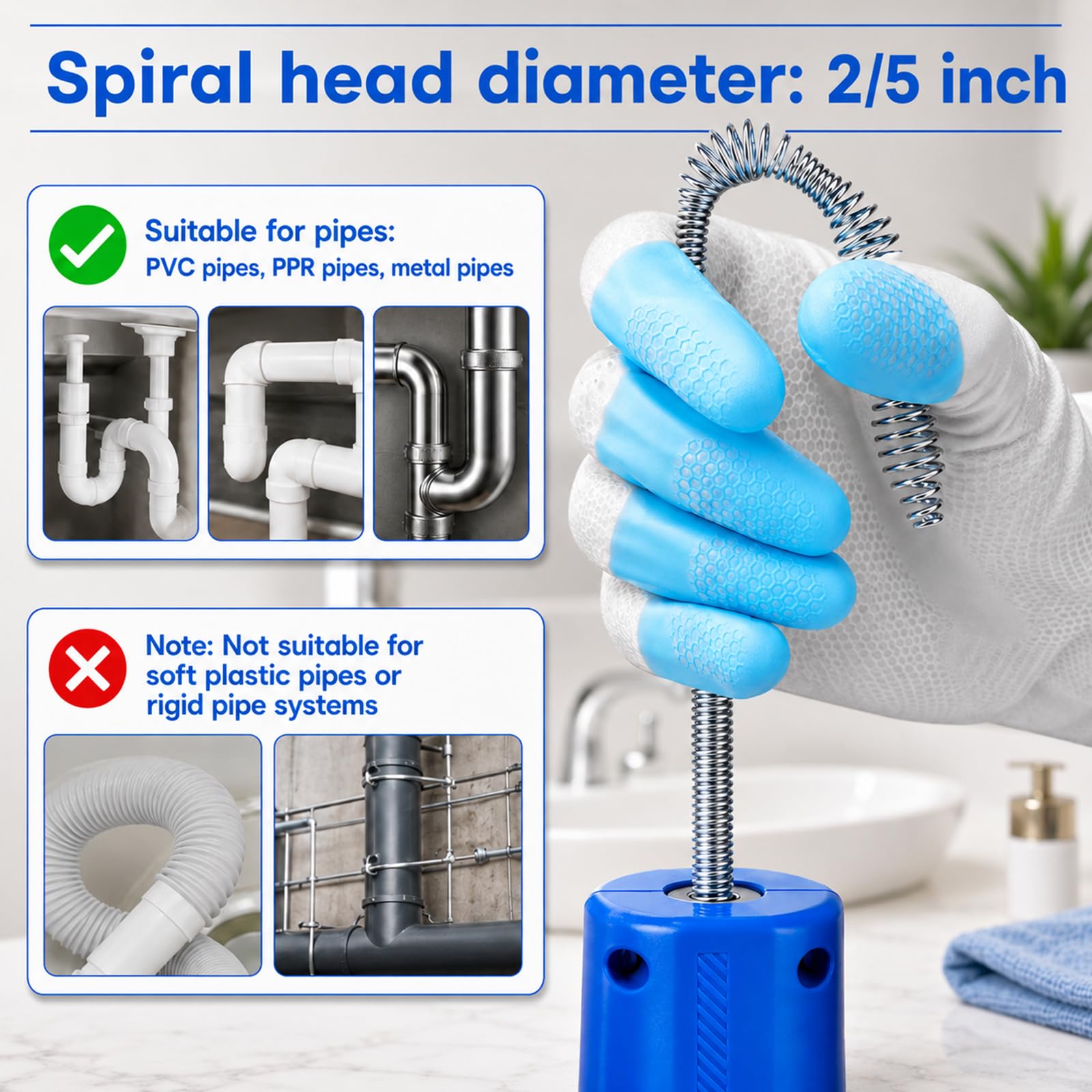 Espiral de limpieza de tuberías de 14 m con accesorio de perforación, espiral de desagüe, limpiador de tuberías para cocina y baño, muelle electrochapado resistente, limpiador de desagües