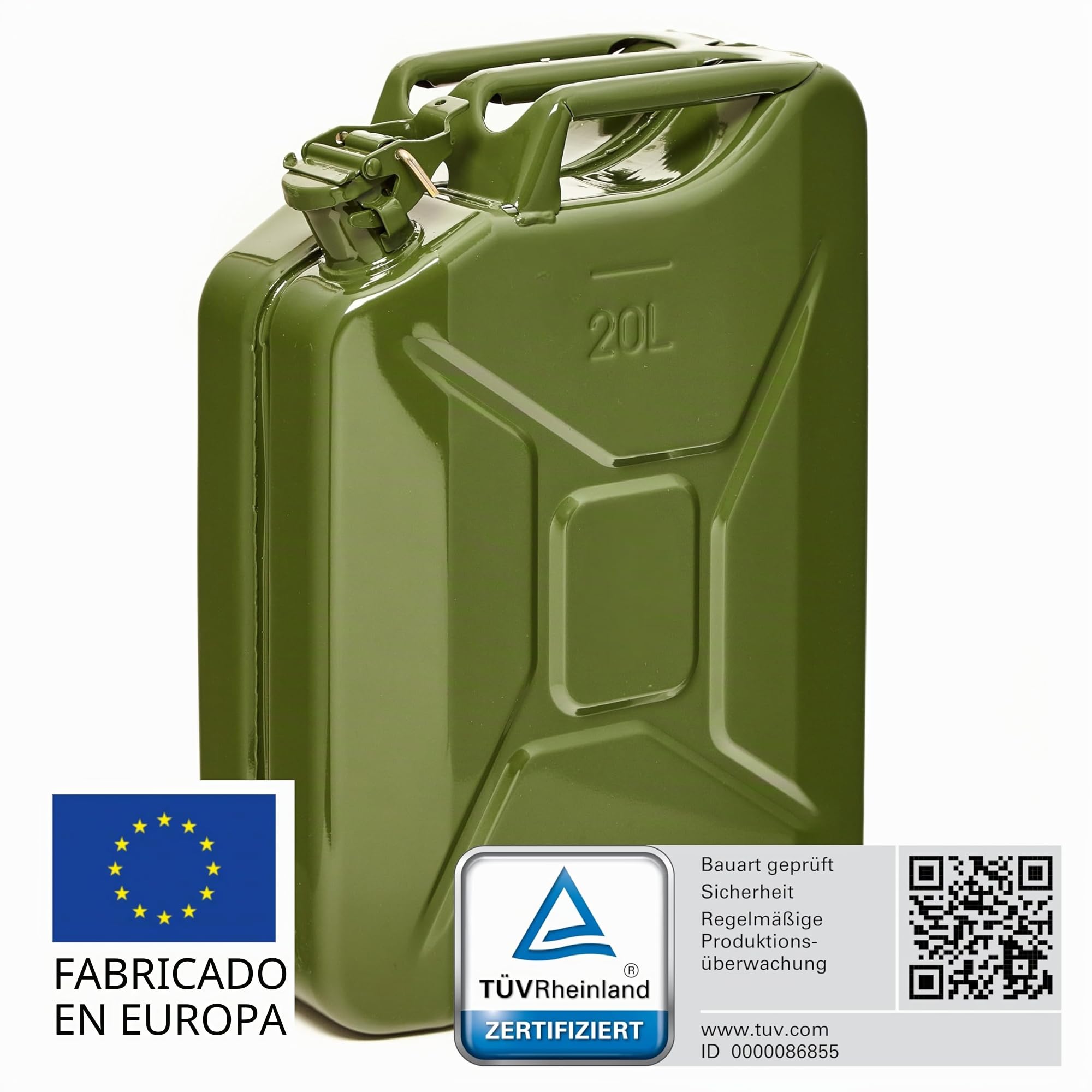 BW© Bidón de combustible de metal, 20 litros, color verde oliva, RAL 6003, certificado TÜV y homologación UN, fabricado en Europa