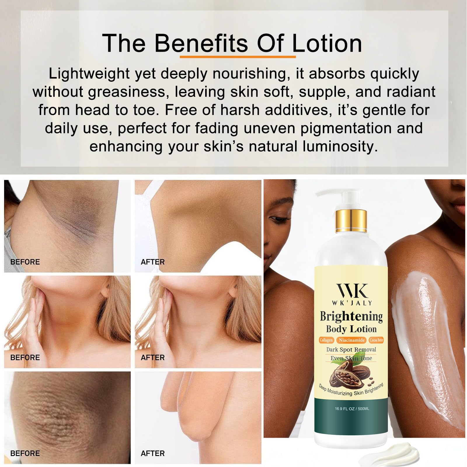 WK JALY Collagen Whitening Body Lotion and Serum, Remove Dark Spots, Melanin, Moisturizer, Smooth Skin, With Natural Papaya, Niacinamide