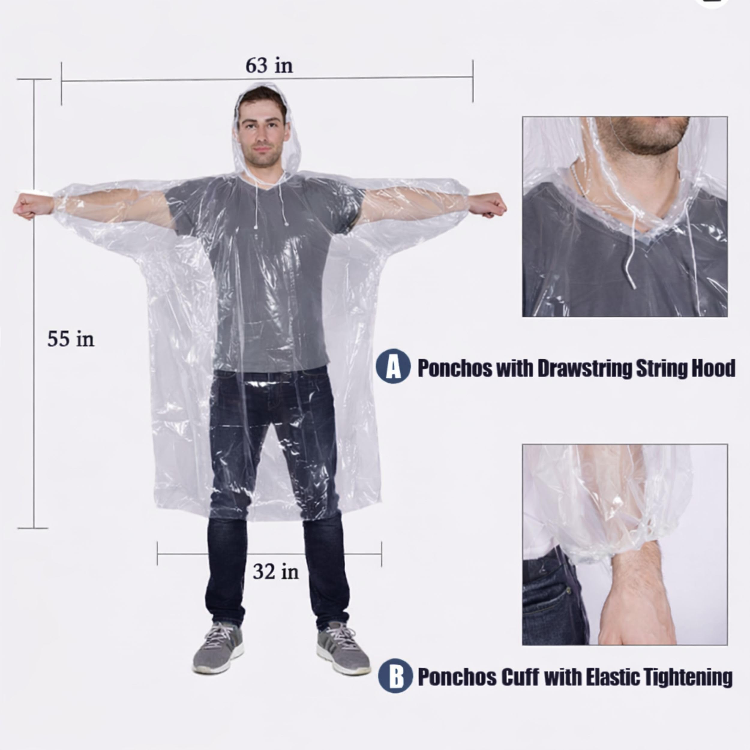 Mindful Design Ponchos de lluvia con capucha con cordón (paquete de 4) desechables de emergencia para adultos