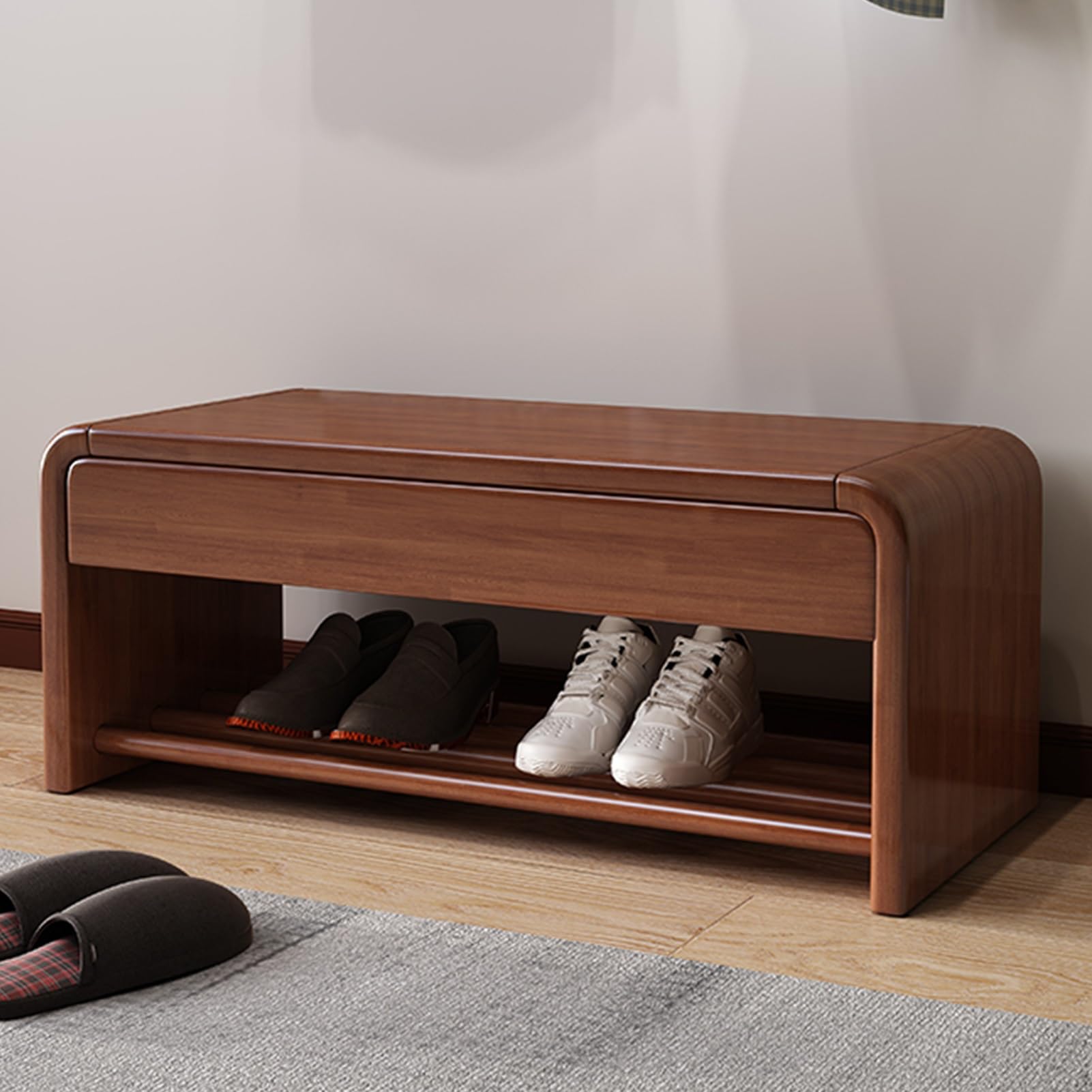 Banc d'entrée en bois de noyer pour organiser le couloir et le salon avec élégance naturelle