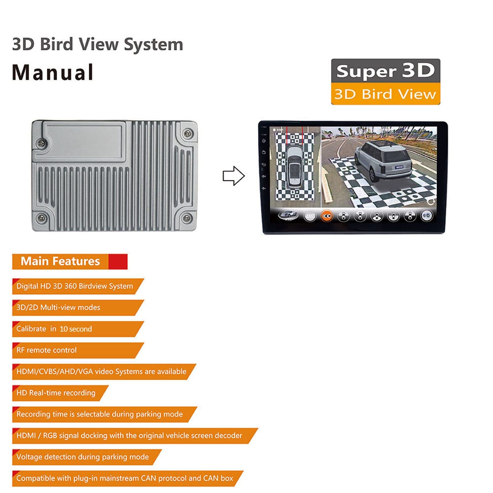 Kit Telecamera Surround a 360°, Con Parcheggio di Riserva Anteriore Posteriore Sinistro Destro Guida Panoramica con Telecamere a 4 Vie Telecamera per Visione Notturna Impermeabile per Auto