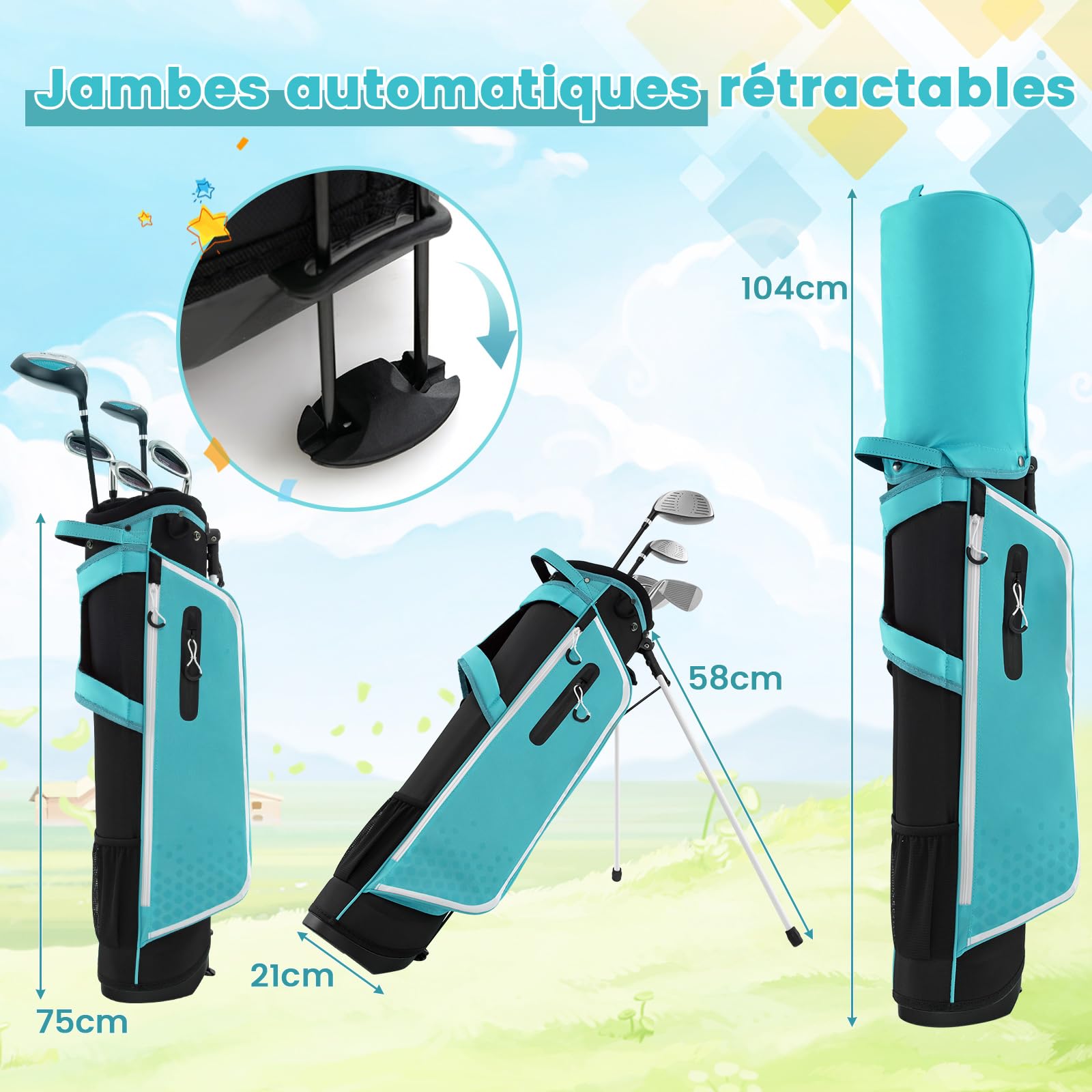 COSTWAY Ensemble Club de Golf Portable pour Enfants, Set de Golf Complet Sac Trépied avec Capuche Anti-Pluie, pour Droitier