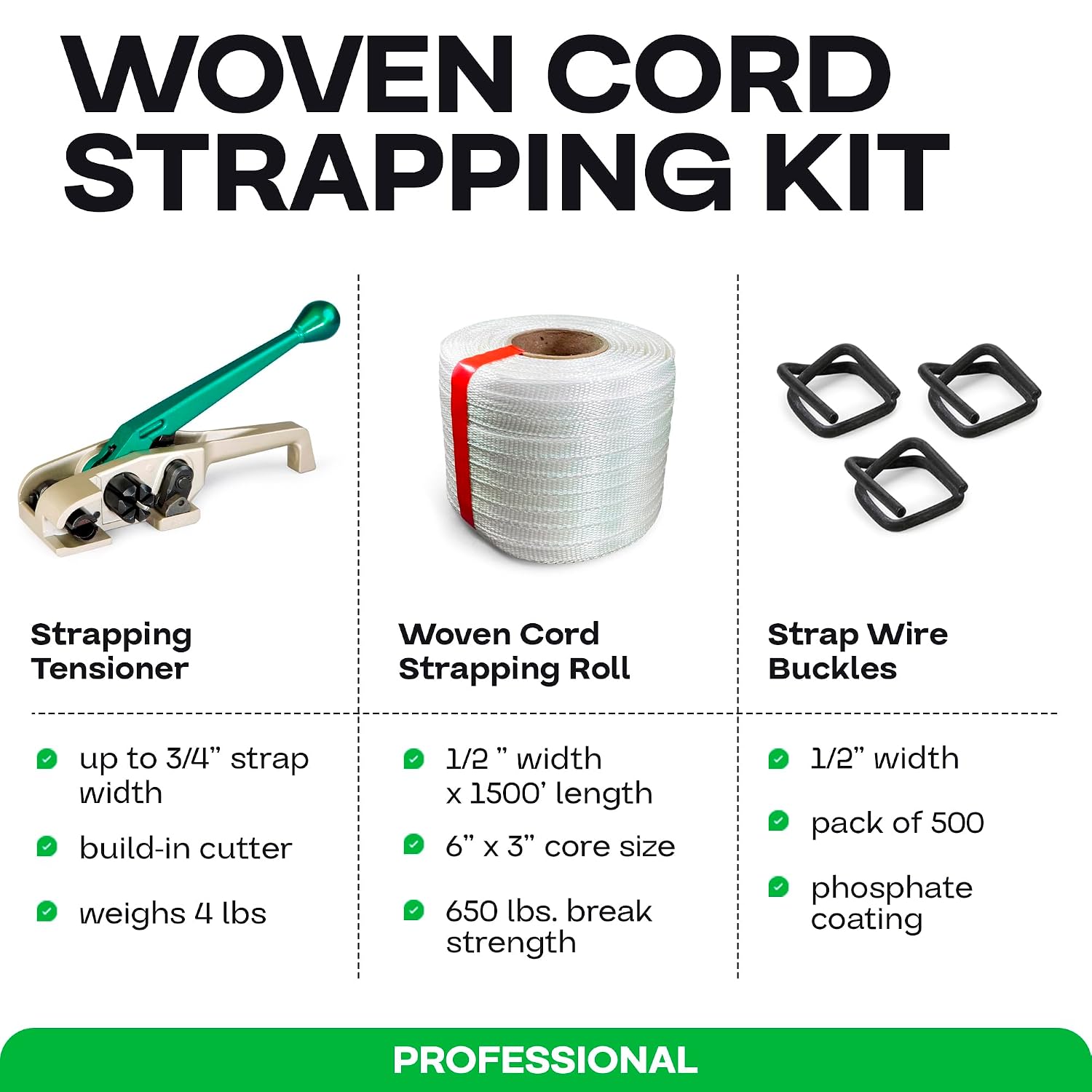 IDL Packaging PRO 1/2" x 1500' Woven Cord Strapping Kit, 650 lbs Break Strength - Portable Kit with Best-in-Class Tool & Mini Strapping Roll - Enough Strapping and Seals for 500 Uses Before Refill