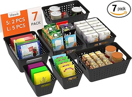Lifewit Plastic Storage Basket, 7 Pack Stackable Storage Bins for Organizing, Multi Size Open Containers for Shelving, Pantry, Office and Cabinet, 5 Large and 2 Small Size, Black