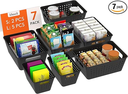 Lifewit Plastic Storage Basket, 7 Pack Stackable Storage Bins for Organizing, Multi Size Open Containers for Shelving, Pantry, Office and Cabinet, 5 Large and 2 Small Size, Black