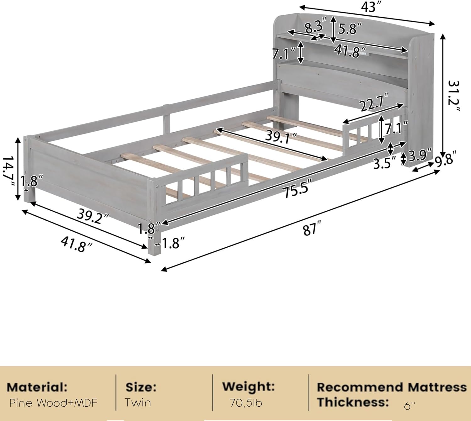 Dimensions of Bellemave Twin Bed Frame
