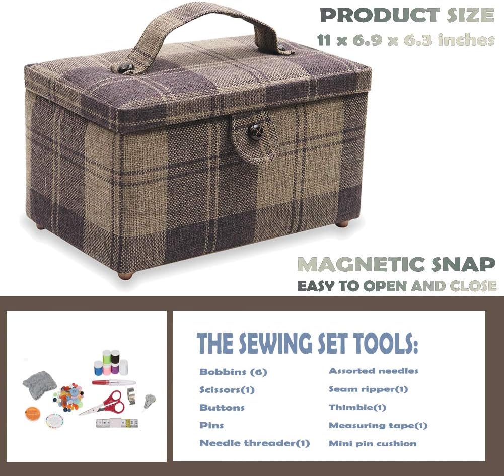 D&D Sewing Basket - Sewing Supplies Organizer - Ideal for Needles, Thread, Scissors, Tape Measure, Thimbles and Other Accessories (Brown)