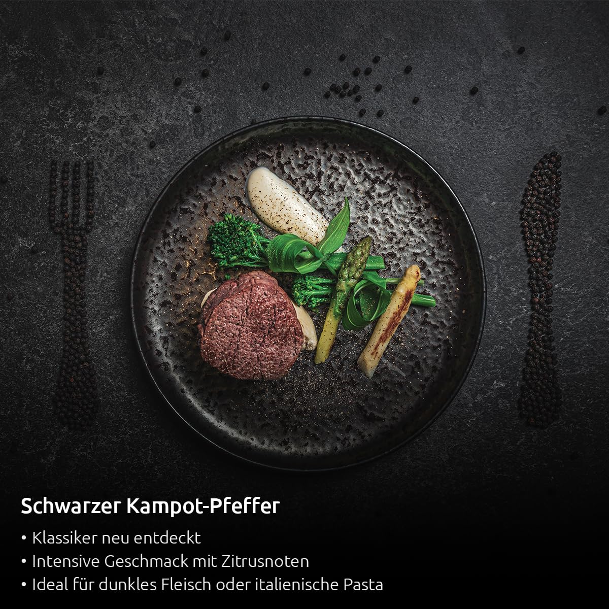 Pepper Field Kampot Pfeffer Schwarz – Premium Schwarzer Pfefferkörner Ganz aus Kambodscha, Frisch & Aromatisch, Ganze Pfefferkörner für Mühle & Küche, Great Taste, Ideal zum Kochen & Grillen (100g)