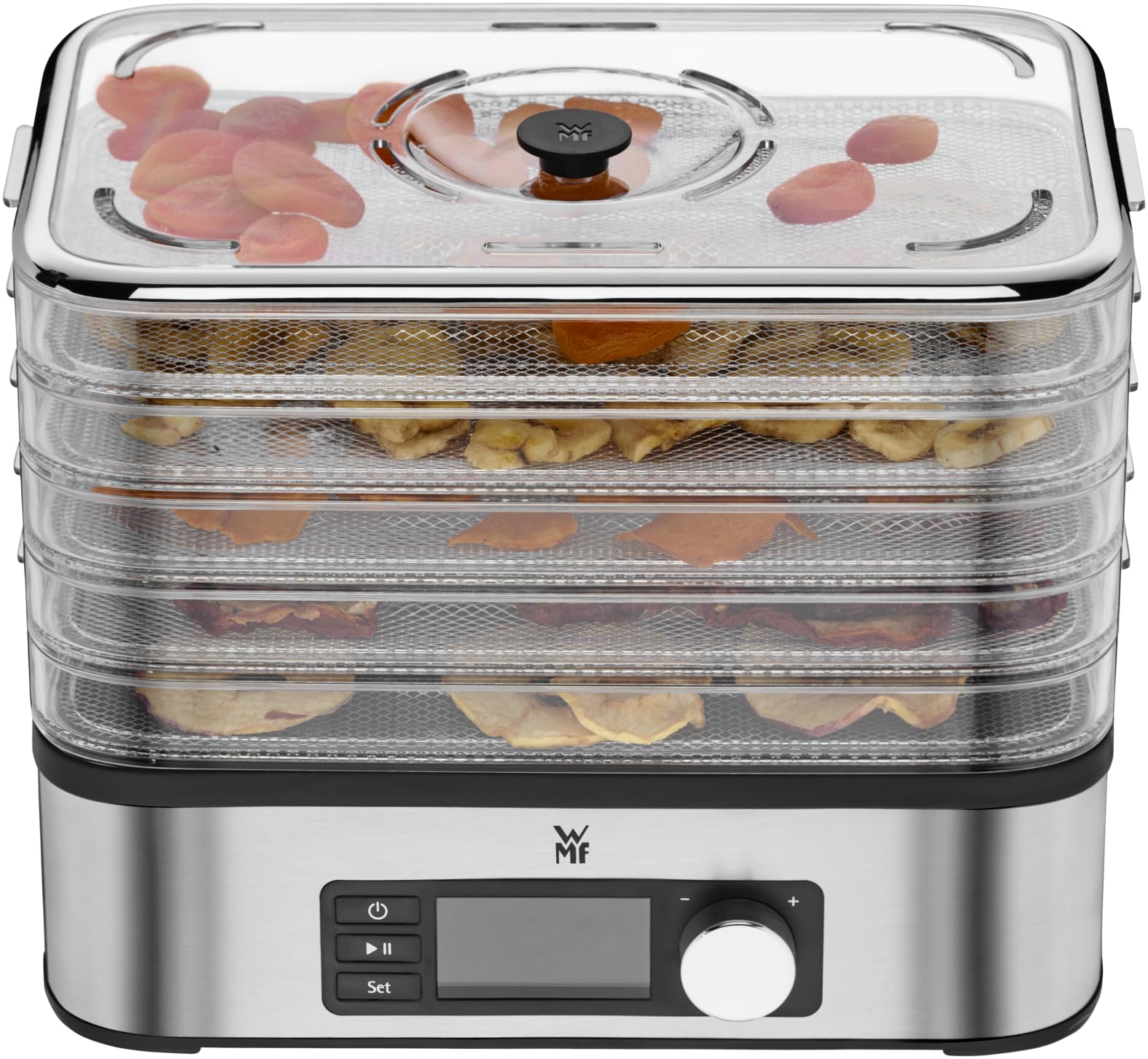 WMF KITCHENminis Déshydrateur, 400 W, Inox, 5 Plateaux sans BPA, Programmable Fruits séchés légumes champignons déshydratés barres de céréales, Cromargan 0415250011