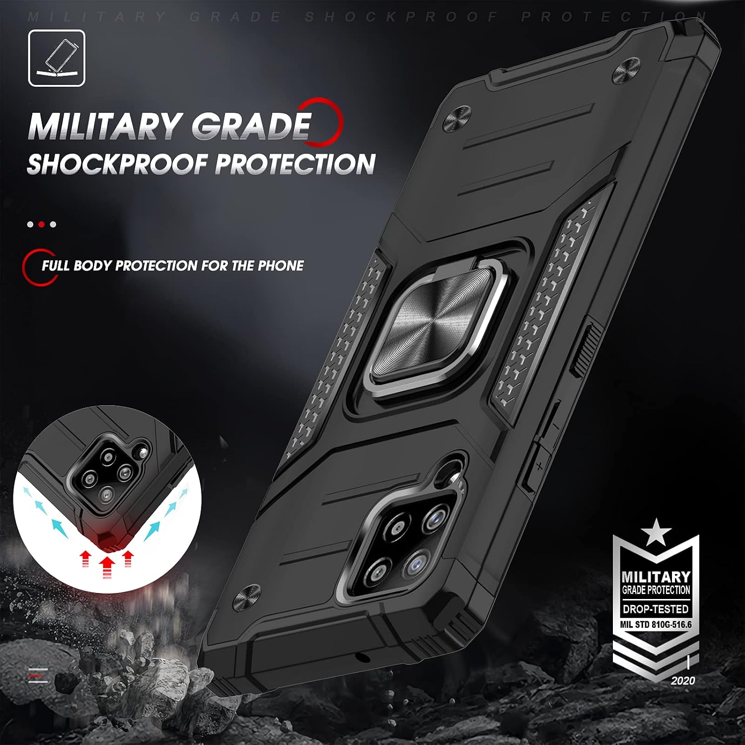 LeYi Compatible with Galaxy A42 5G Case, Samsung Galaxy A42 5G Case with Tempered Glass Screen Protector [2Pcs], Shockproof [Military-Grade] Phone Cover Case with Ring Kickstand for Samsung A42, Black