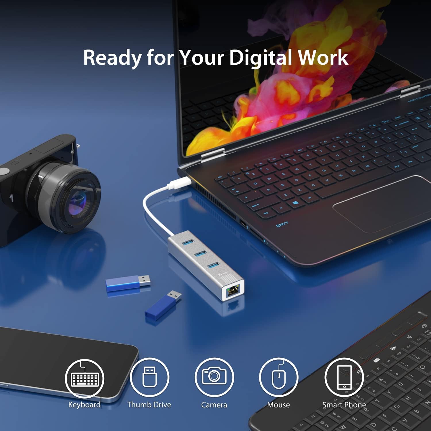 j5create JCH474 hub connected to a laptop, with a keyboard, thumb drive, camera, mouse, and smartphone icons indicating various compatible devices.