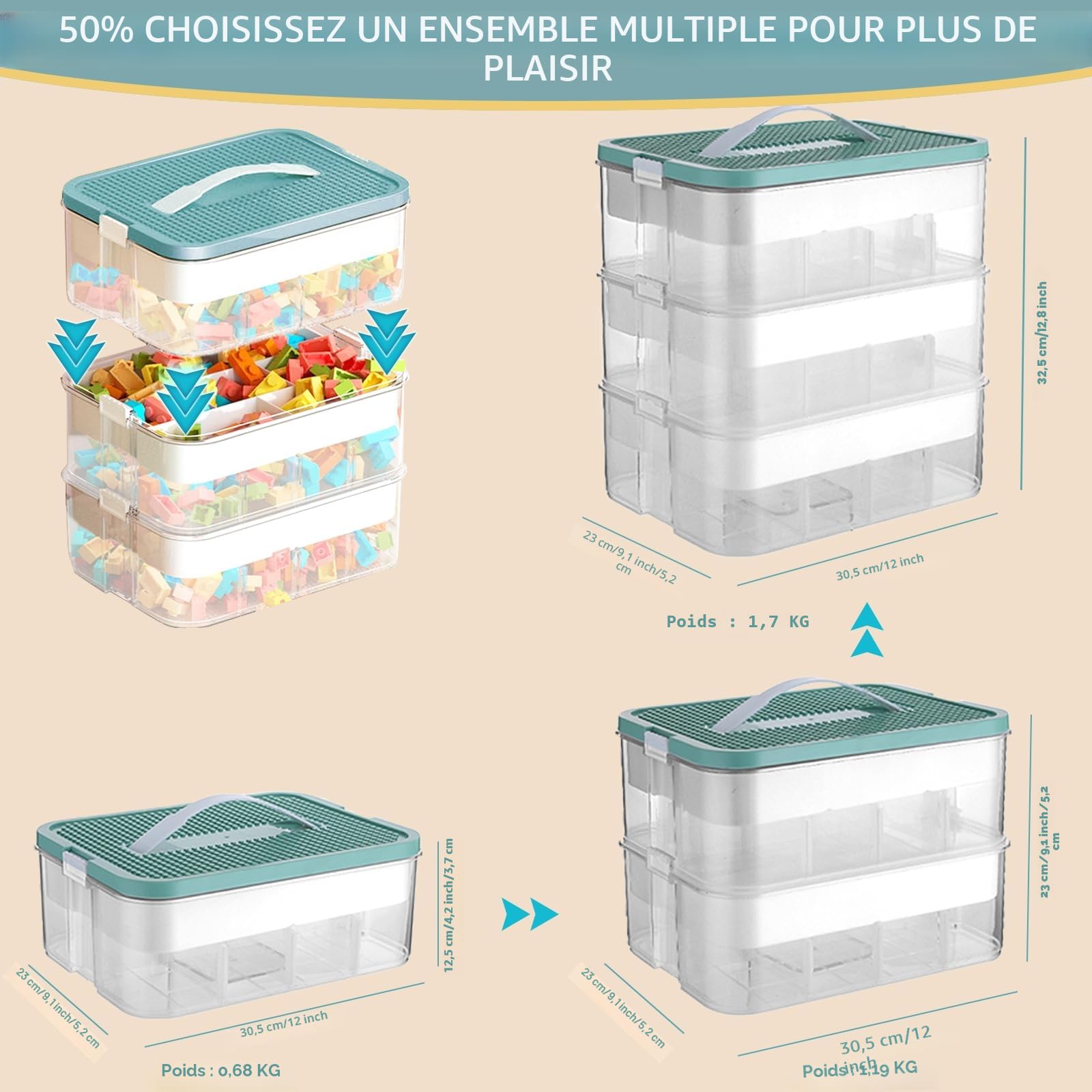 Harazaqa Boite Rangement Plastique Couvercle Lego Caisse Jouet Enfant 3 Couches Empilable Boîte Compartiment Transparente Jeux Bloc de Construction Magnetique Puzzle Box Exterieur Intérieurs Etanche