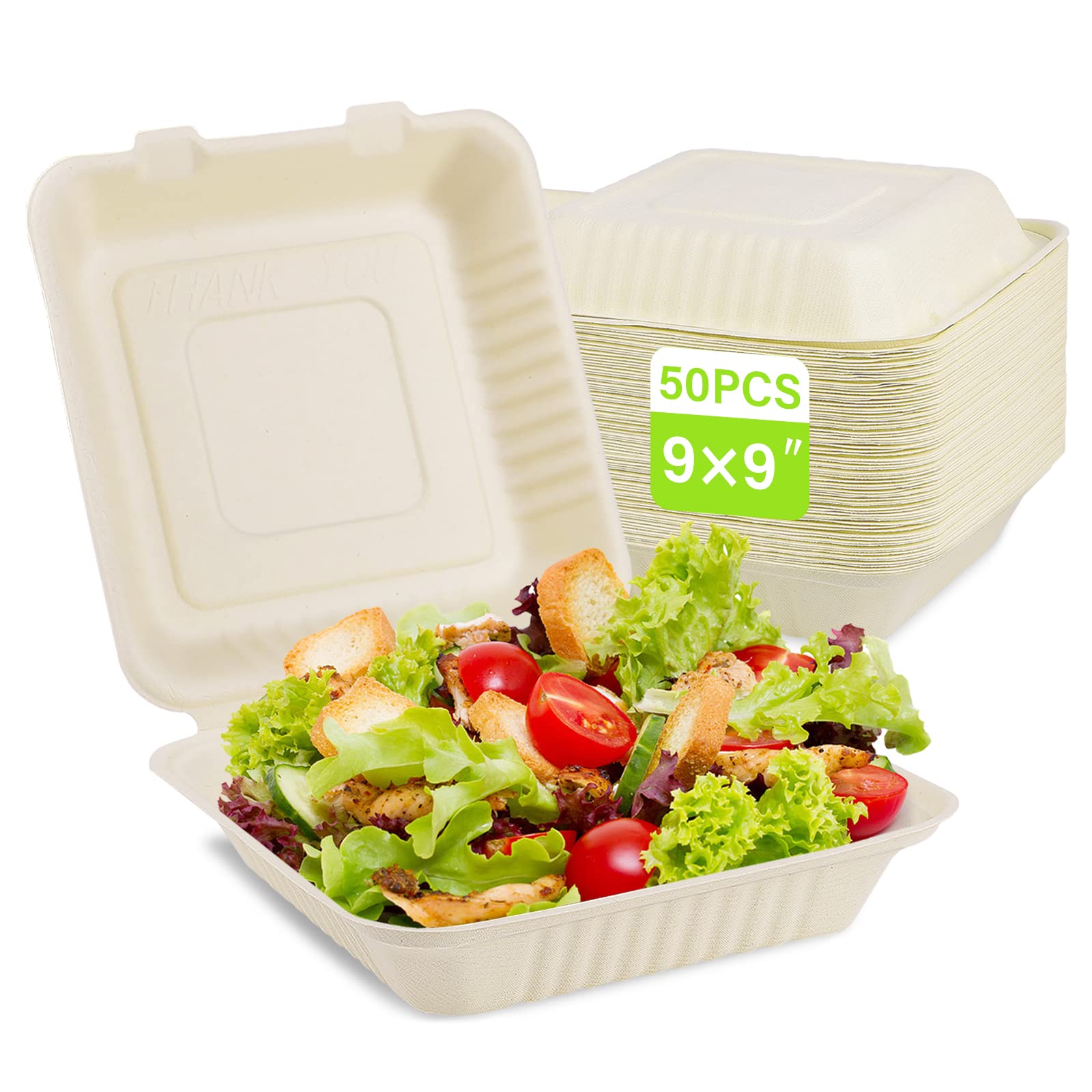 greensight Clamshell Take Out Food Container 50 Pack, 9X9 Disposable To Go Boxes For Food, Compostable Food Container, Made From Eco-Friendly Biodegradable Sugarcane Fibers
