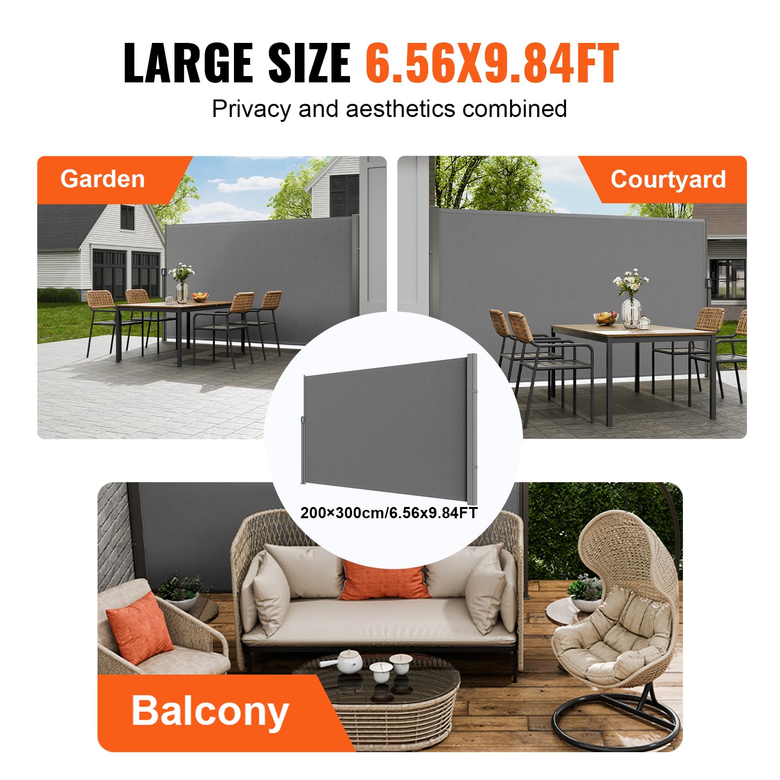 VEVOR Toldo Lateral Retráctil Pantalla de Privacidad al Aire Libre 200x300 cm Toldo Lateral contra Viento Impermeable de Poliéster Divisor de Habitación UV 30+ para Patio, Jardín, Balcón, Gris