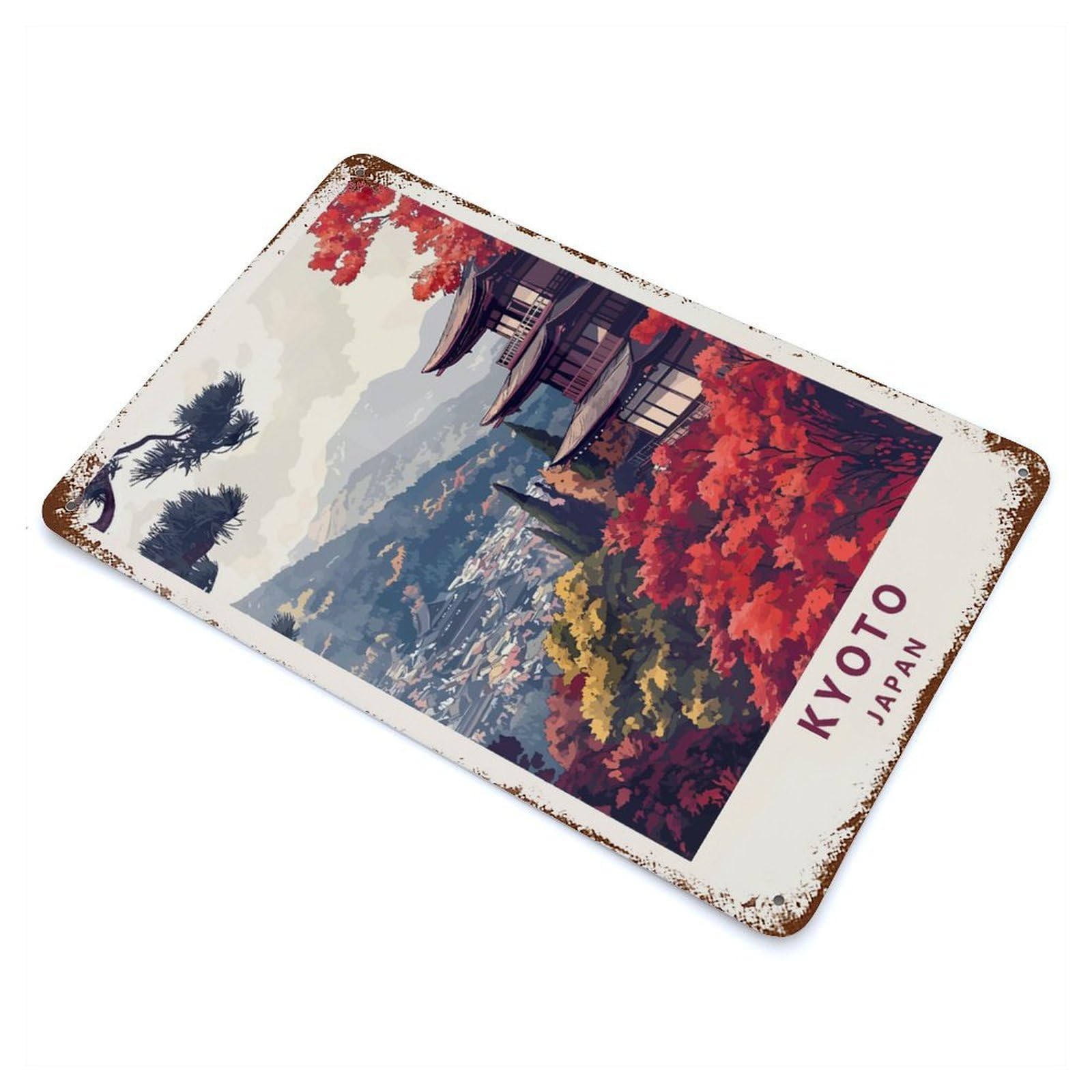 Kyoto Japan Autumn Landscape Rusty Metal Tin Sign 11.8"x7.9", Rustic Home Decor for Living Room, Hallway And Home Decor