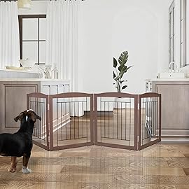 ZJSF Freestanding Foldable Dog Gate for House Extra Wide Wooden Brown Puppy Gate Stairs Dog Gates Doorways Tall Pet Gate 24 Height 3 Panels Pet Fence