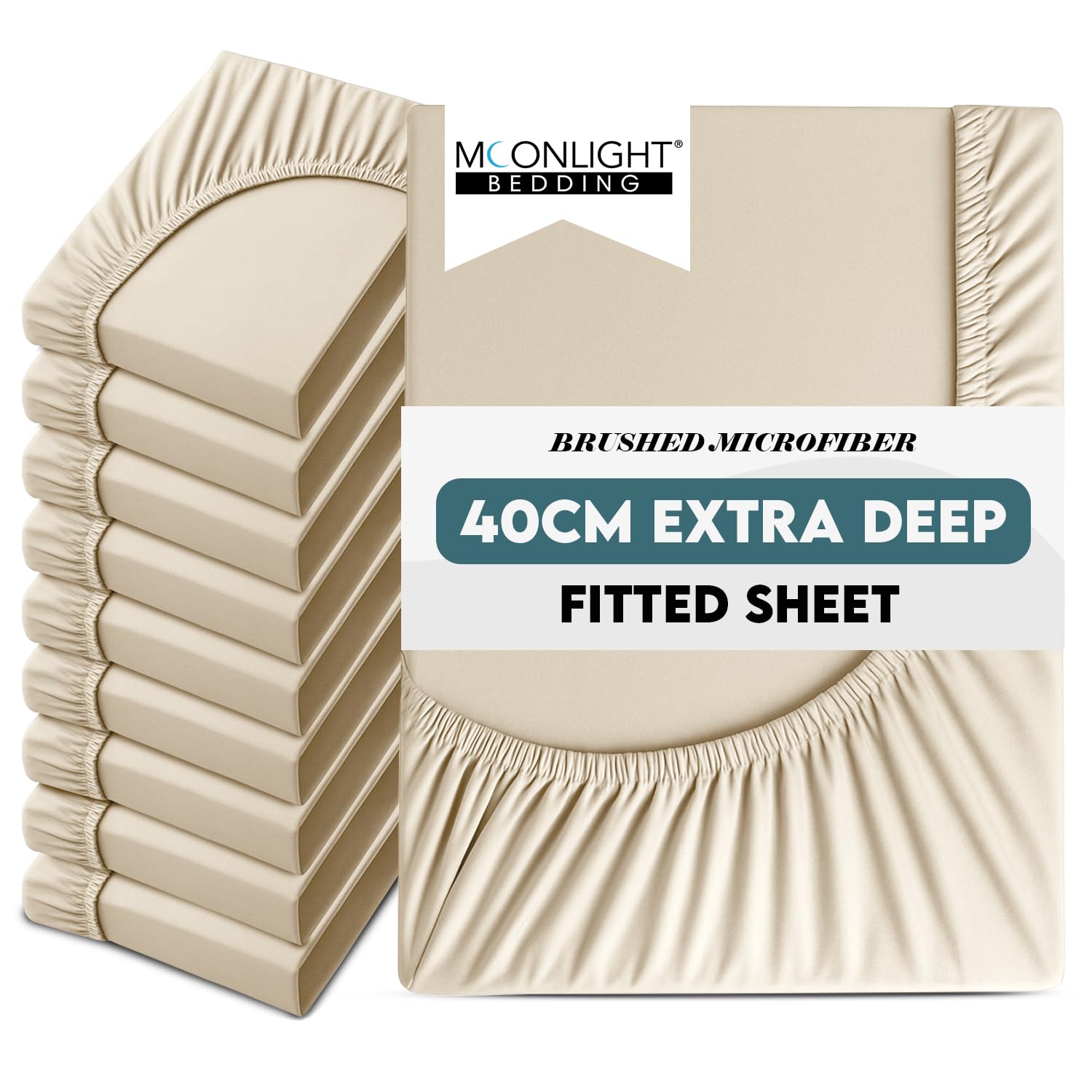 Moonlight Bedding Kingsize Fitted Bed Sheets 10 Pack 40CM Cream Bedsheet with Elastic Corners 16 Inch Extra Deep Pocket Brushed Microfiber Easy Care Breathable Shrinkage Fade-Resistant โ image 1
