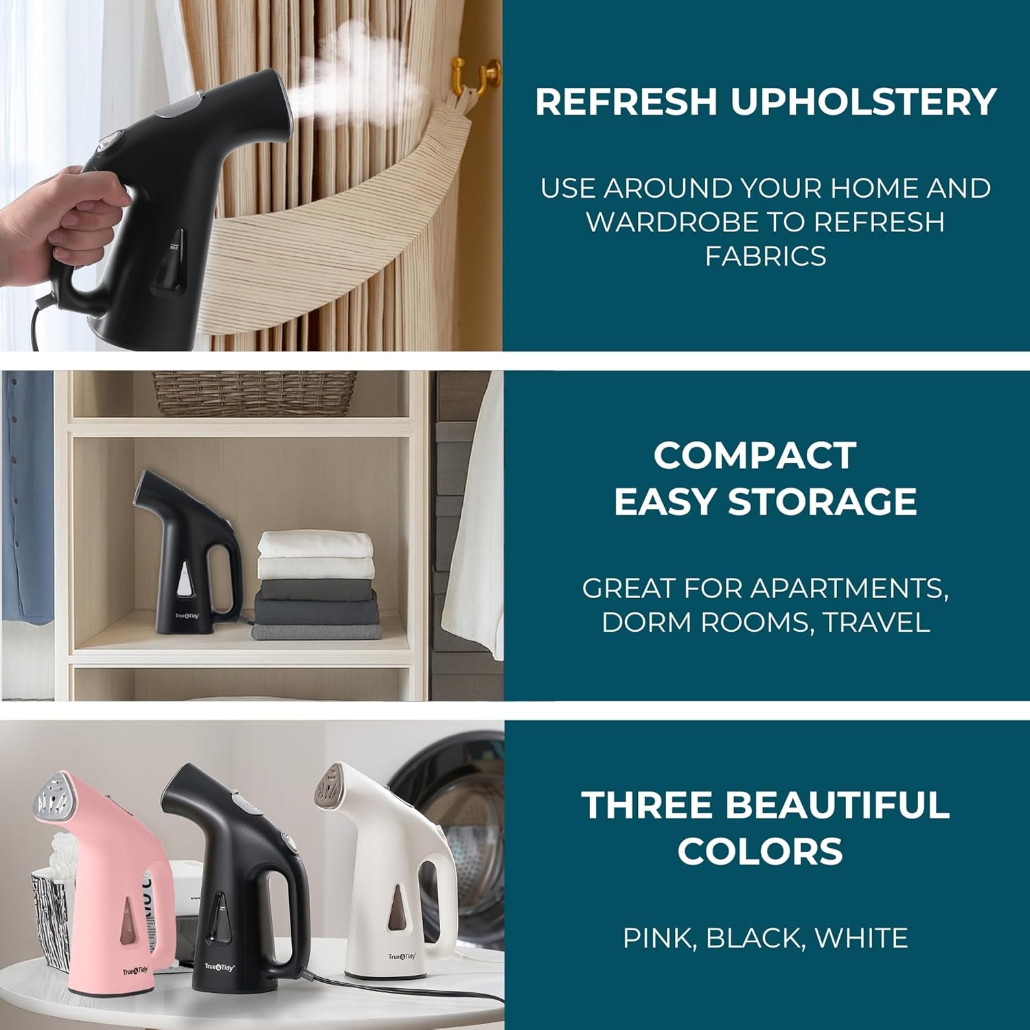 True & Tidy® Handheld Garment Steamer for Clothes with Water Cup Accessory, Portable Travel Steam Iron, Stainless Steel Plate up to 10 mins of Continuous Steam, 800 Watts, Black