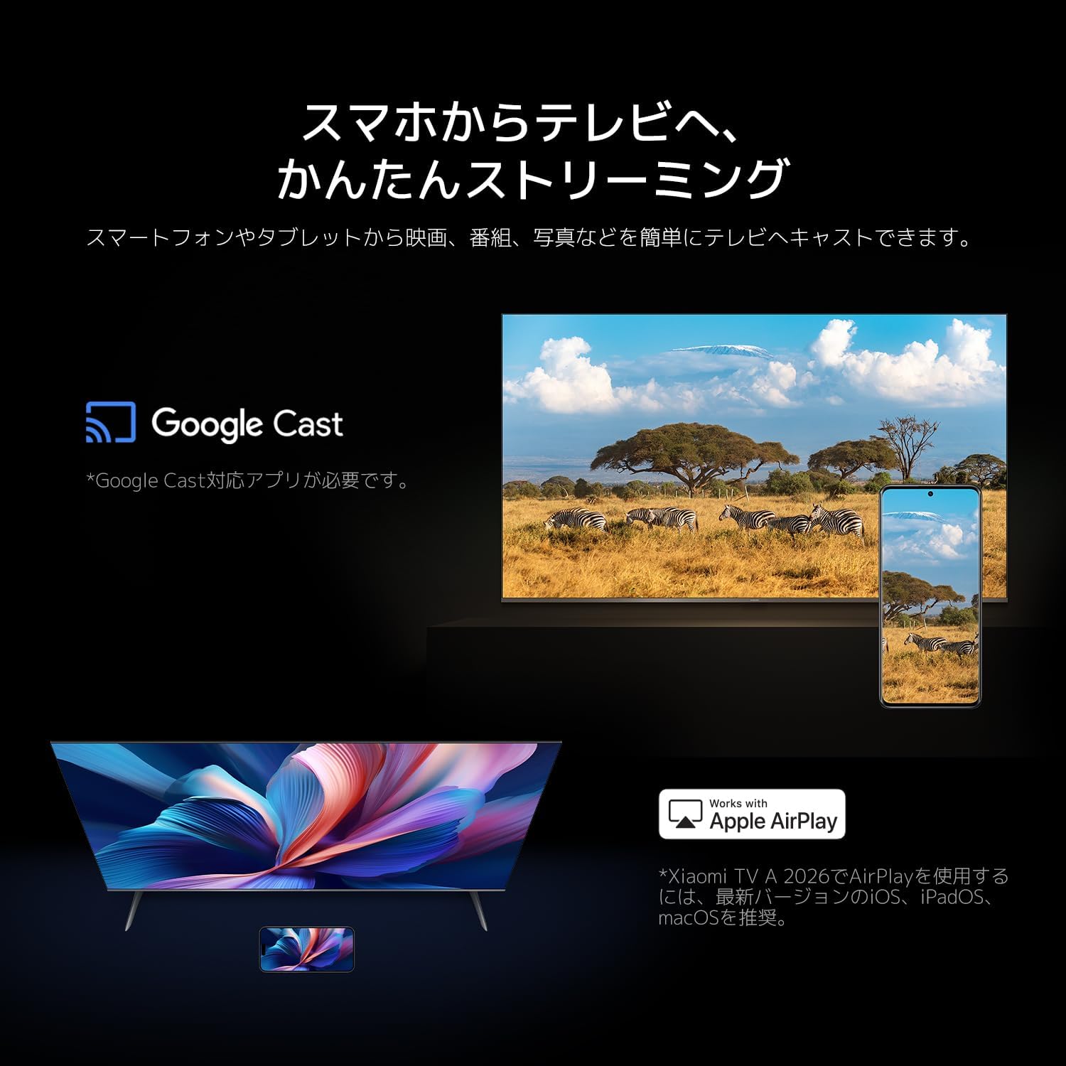 Smartphone screen mirroring to the Xiaomi TV via Google Cast and Apple AirPlay