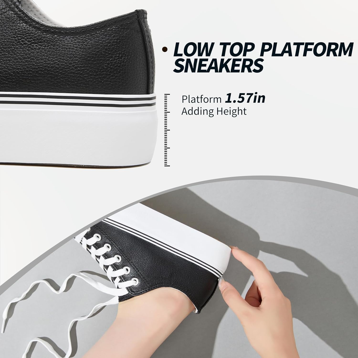 Rominz Women's White Platform Sneakers PU Leather Platform Shoes Classic Black Low Top Sneakers Casual Walking Shoes for Women - Image 3