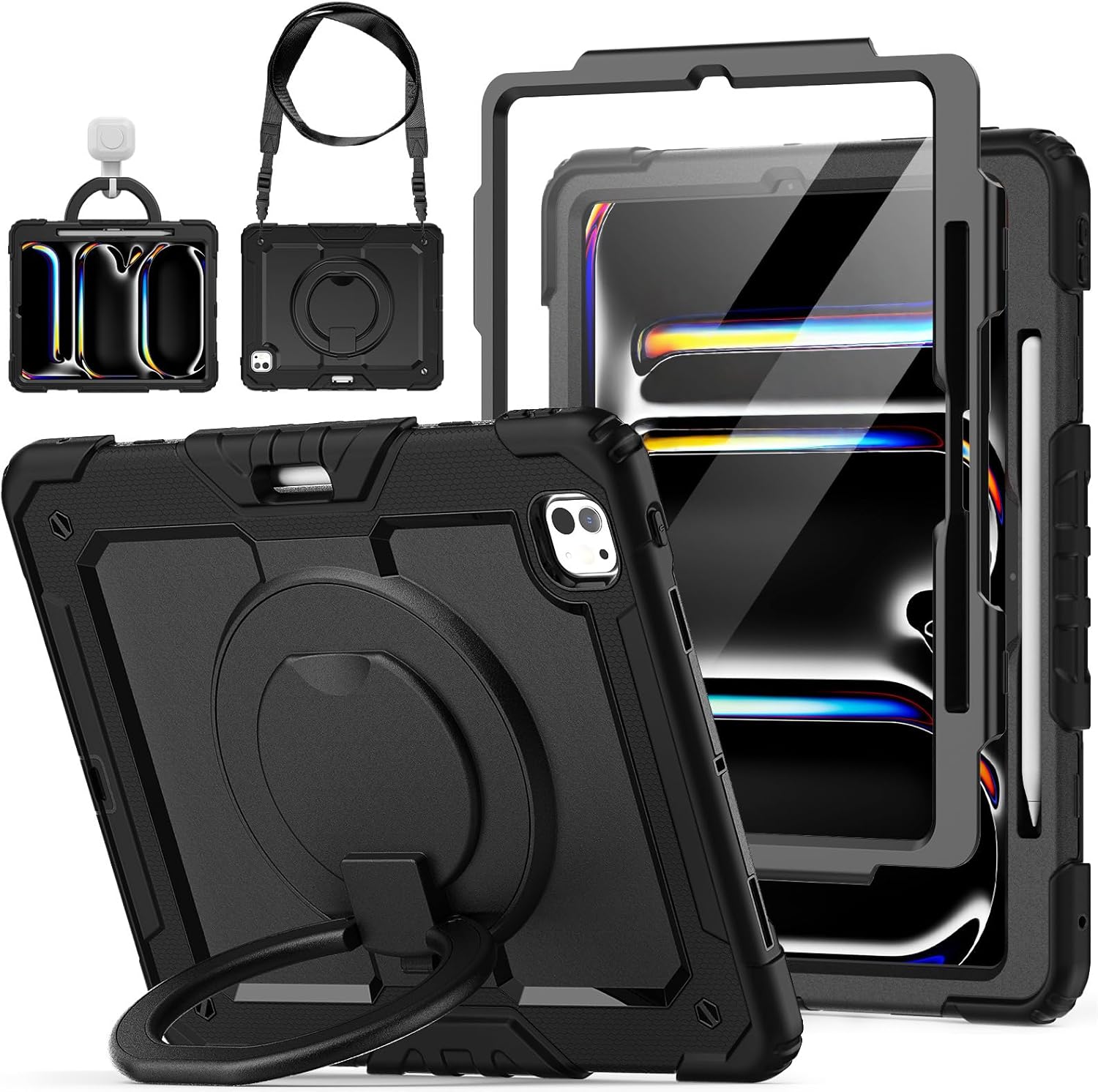for iPad Pro 11 inch Protective Case M5 2025/M4 2024: Heavy Duty Shockproof Case with Pencil Holder - 360°Rotating Handle/Stand - Screen Protector - Shoulder Strap for iPad Pro 11 M5/M4, Black