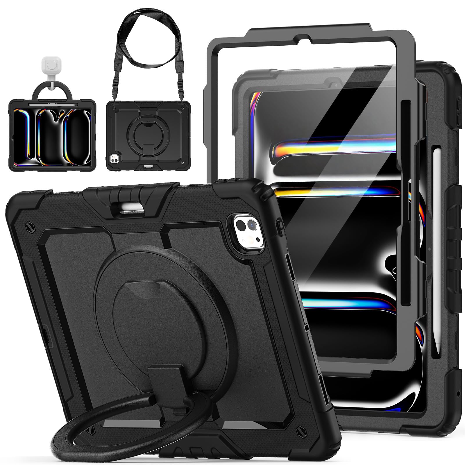 ZSLVPN for iPad Pro 11 inch Protective Case M5 2025/M4 2024: Heavy Duty Shockproof Case with Pencil Holder - 360°Rotating Handle/Stand - Screen