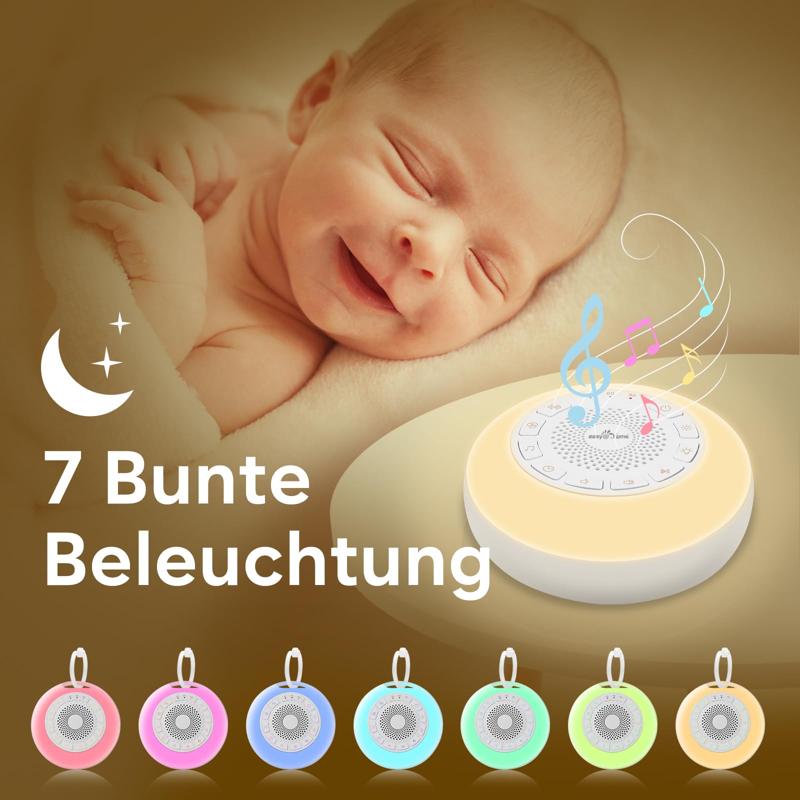 Easy@Home White Noise Machine: Tragbare Einschlafhilfe Babys mit weißem Rauschen | Nachtlicht | 26 Beruhigende Schlaflieder & Naturgeräusche | 3 Timer-Einstellungen | 7 Bunte Beleuchtung & USB