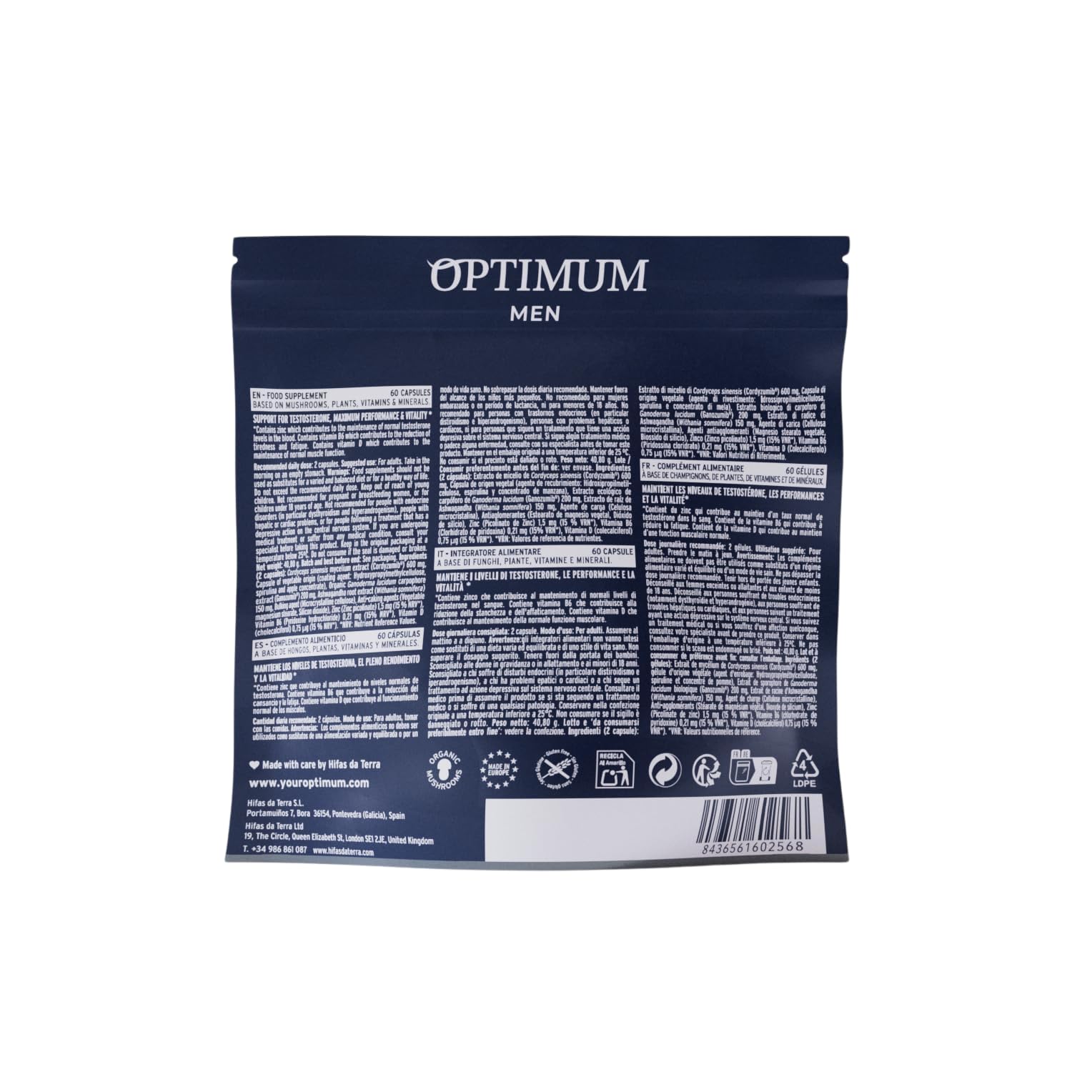 HIFAS DA TERRA - Suplemento de Hongos Optimum Men con Extracto de Hongos Cordyceps y Reishi - Refill 60 Cápsulas