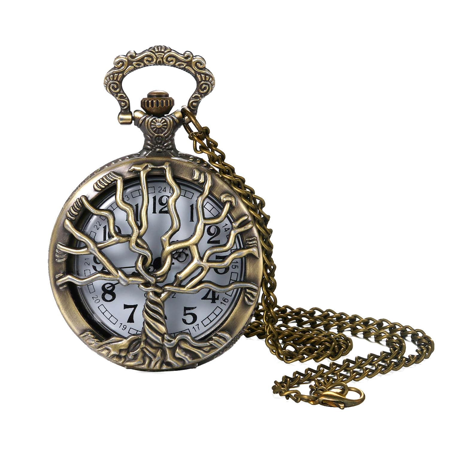 Vintage Tree of Life Hollow Bronze Pocket Watch Quartz Arabic Markers Carved Men and Women Watches with Necklace Chain Pendant
