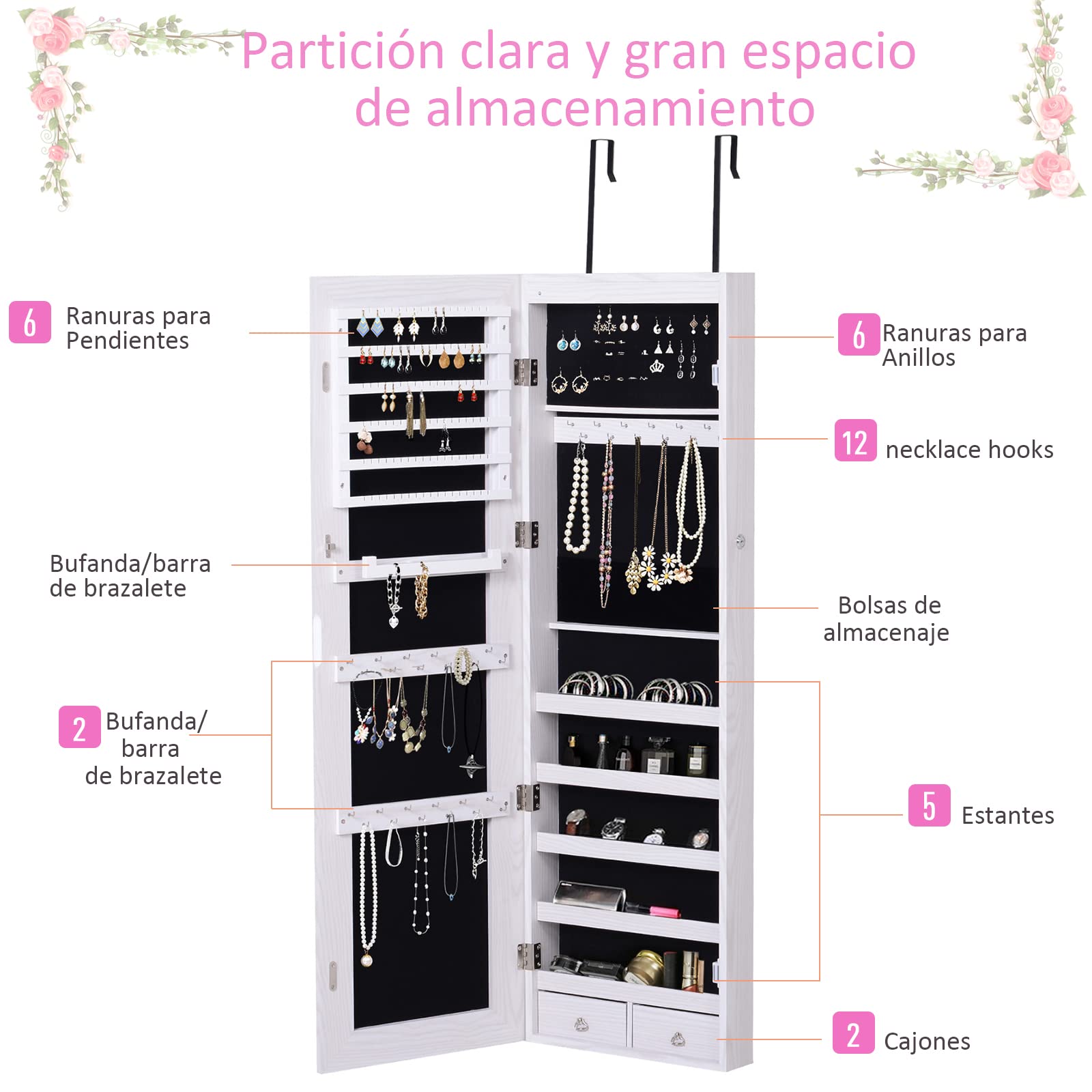 HOMCOM Espejo Joyero Colgante de Pared o Puerta con 6 Luces LED 5 Estantes 2 Cajones Pequeños Espejo Armario Montado con Cerradura para Dormitorio 37x120x10 cm Blanco