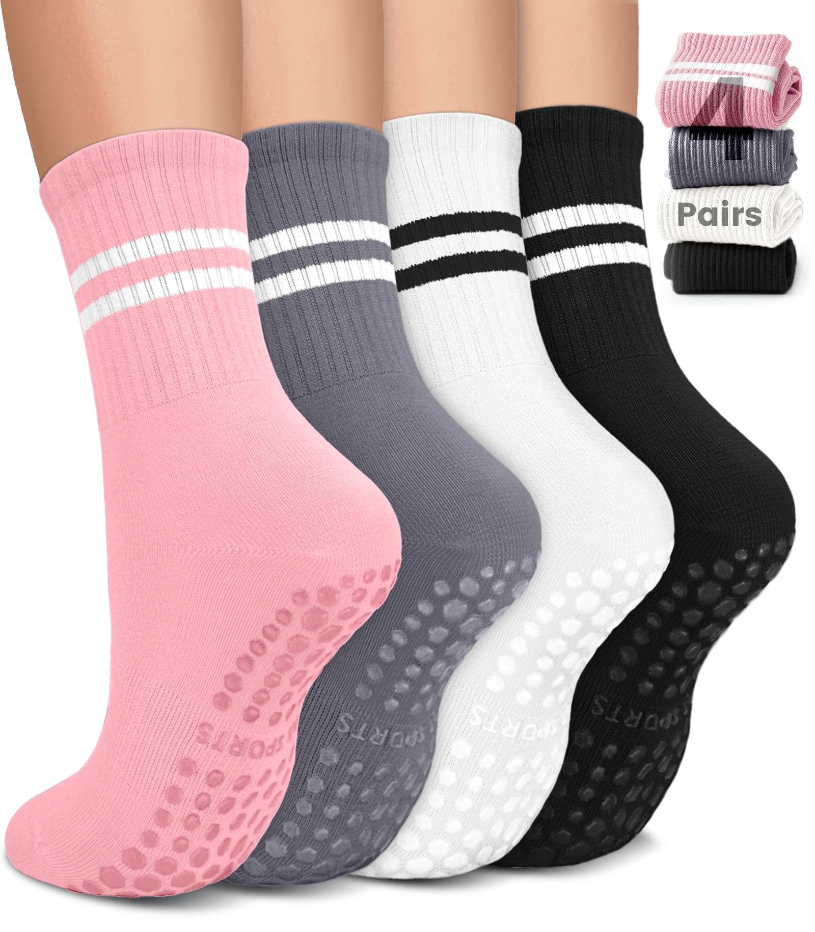 Pilates Socks for Women, Non Slip Grip Socks for Yoga, Barre, Hospital, Grippy Socks Womens Gifts, 4 Pairs