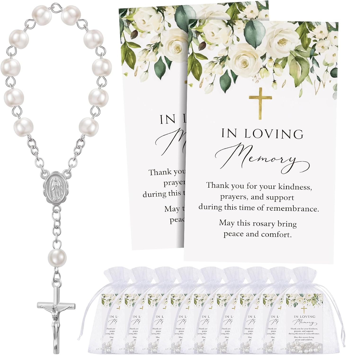 Quelay 100 Sets Funeral Favors for Guests, Celebration Favors Mini Rosary Organza Bags Loving Memory Cards for Memorial Party Supplies Funeral Guest Return Gifts (White)