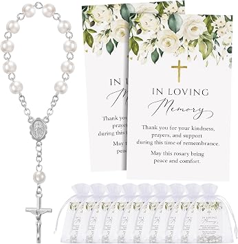 Quelay 50 Sets Funeral Favors for Guests, Celebration Favors Mini Rosary Organza Bags Loving Memory Cards for Memorial Party Supplies Funeral Guest Return Gifts