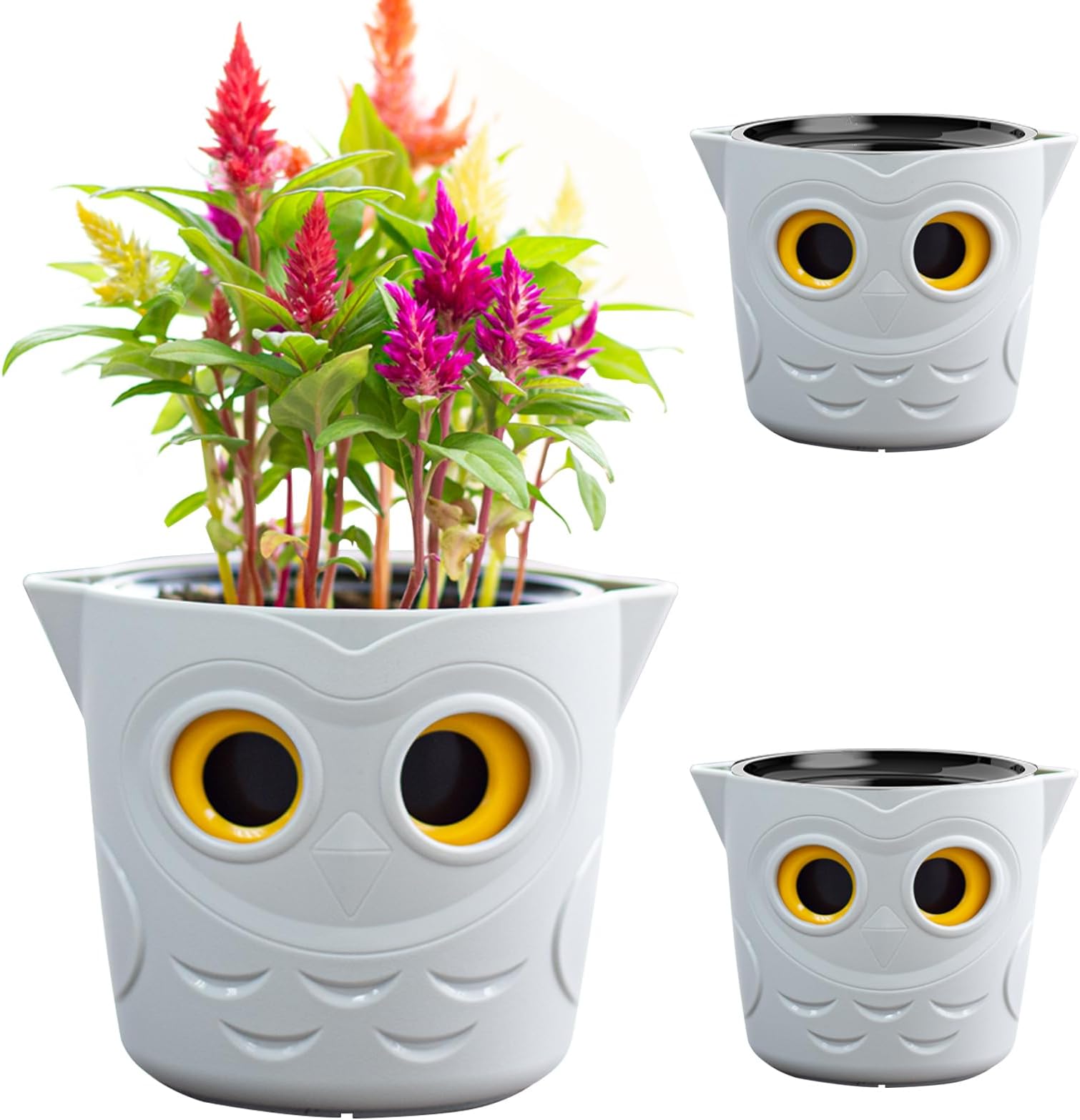 Restmo 3 Pack Plant Pots, 5” Self Watering Planters for Indoor Plants, Plastic Flower Pots with Owl Eye Water Level Indicator, House Plants, African Violet, Succulents, Monstera, Off-White