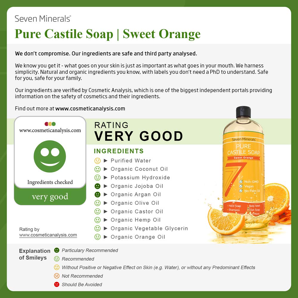 Seven Minerals Pure Castile Soap, Sweet Orange - No Palm Oil, GMO-Free - Gentle Liquid Soap For Sensitive Skin & Baby Wash - All Natural Vegan Formula with Organic Carrier Oils (33.8 fl oz)