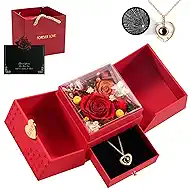 Preserved Real Rose with I Love You Necklace 100 Languages, Forever Flowers Unique Gift for Women Wife Girlfriend Mom Grandma on Birthday Valentines Mothers Day Christmas Anniversary