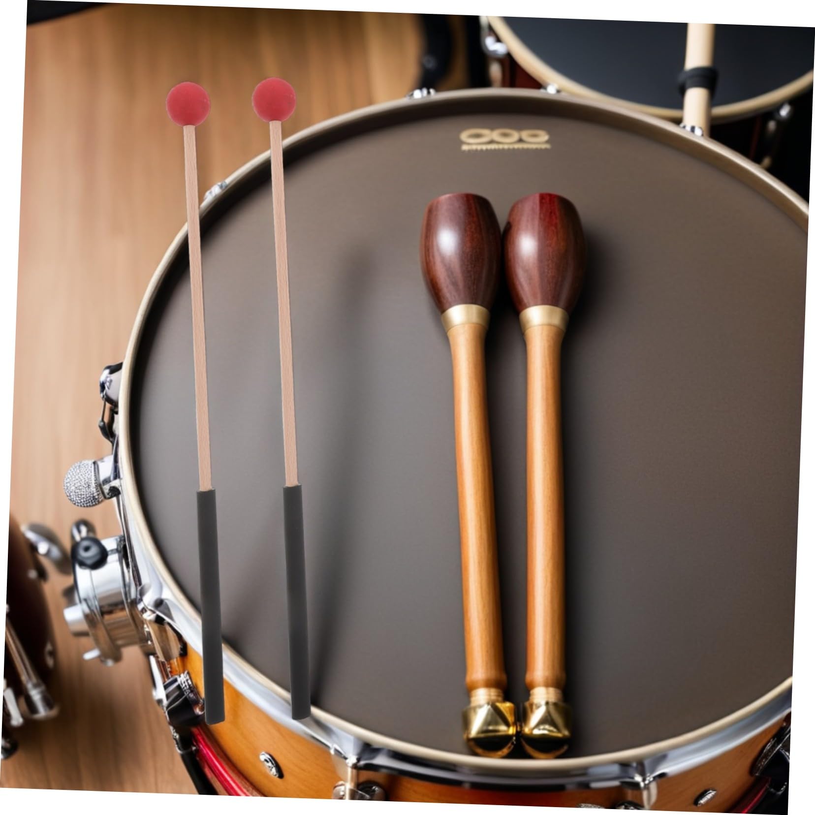 Kit de Accesorios de Percusión Batería con Baquetas de Nylon y Madera, Mazo Antideslizante Rojo y Cepillos Azules con Funda Portátil para Batería Acústica