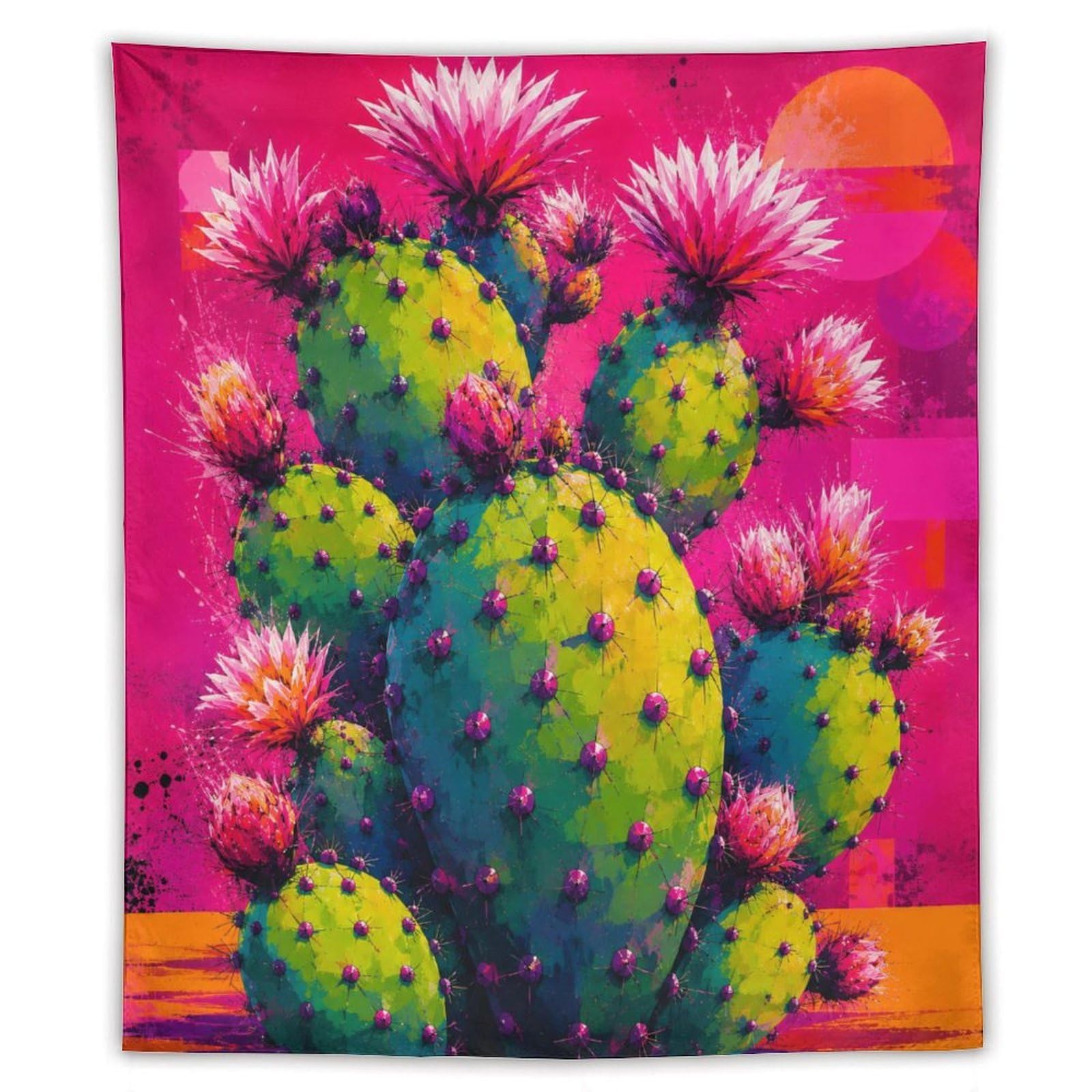 W7C8U2X3 Pink Cactus Pop Art Wall Tapestry, Color Block Line Art, Entryway
