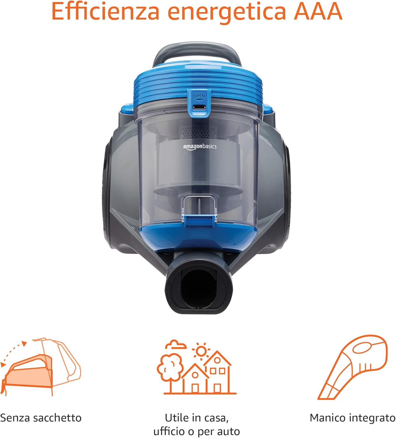Amazon Basics, aspirapolvere cilindrico senza sacchetto 15KC-71EU4, potente per pavimenti duri e tappeti, filtro Hepa, compatto e leggero, 700 W, 1.5 L, Nero/Blu