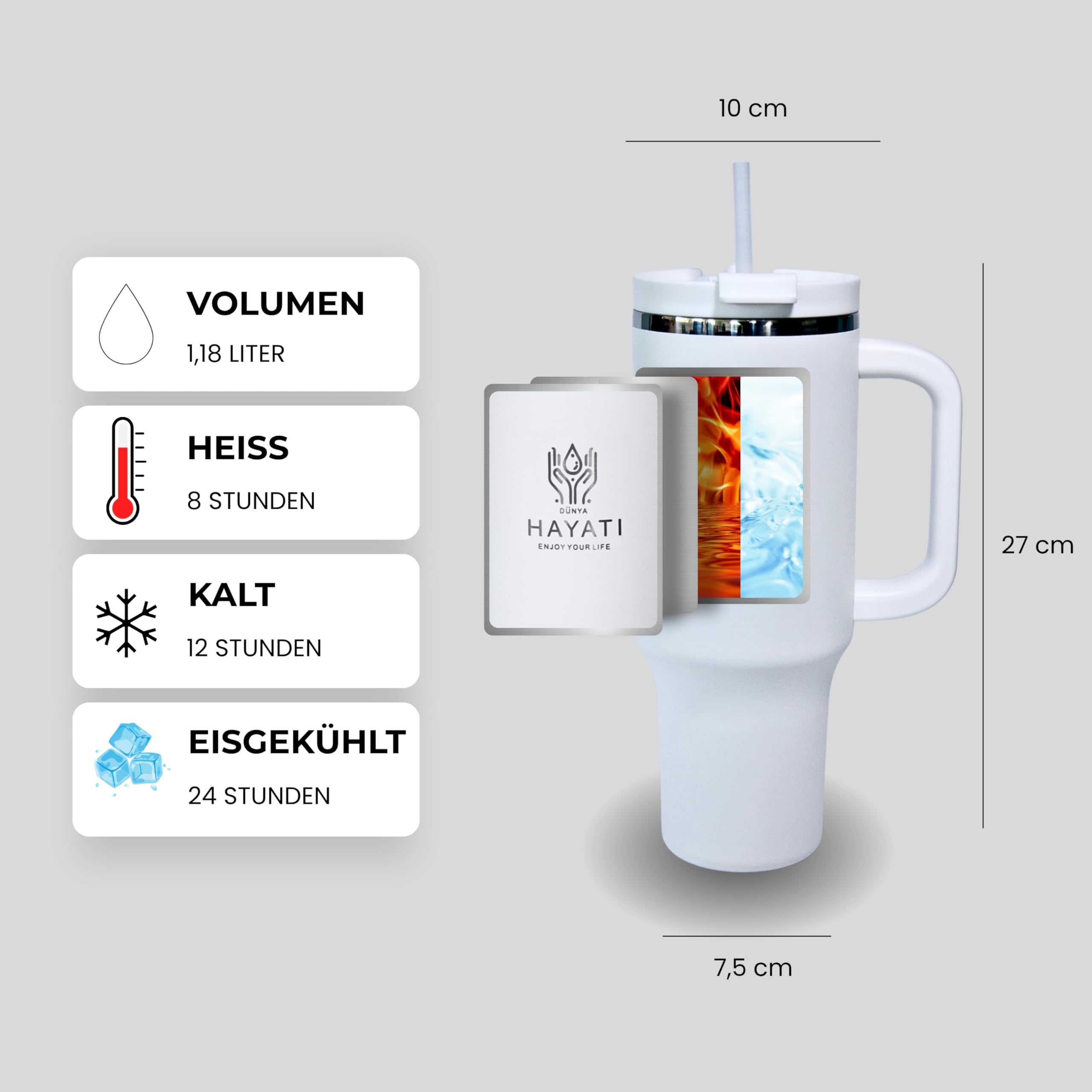 Gobelet isotherme de qualité supérieure 1,2 l/40 oz – Certifié TÜV, certifié LFGB – Sans BPA | Anti-fuite avec couvercle et paille | Gobelet en acier inoxydable avec gravure au laser, 8 h