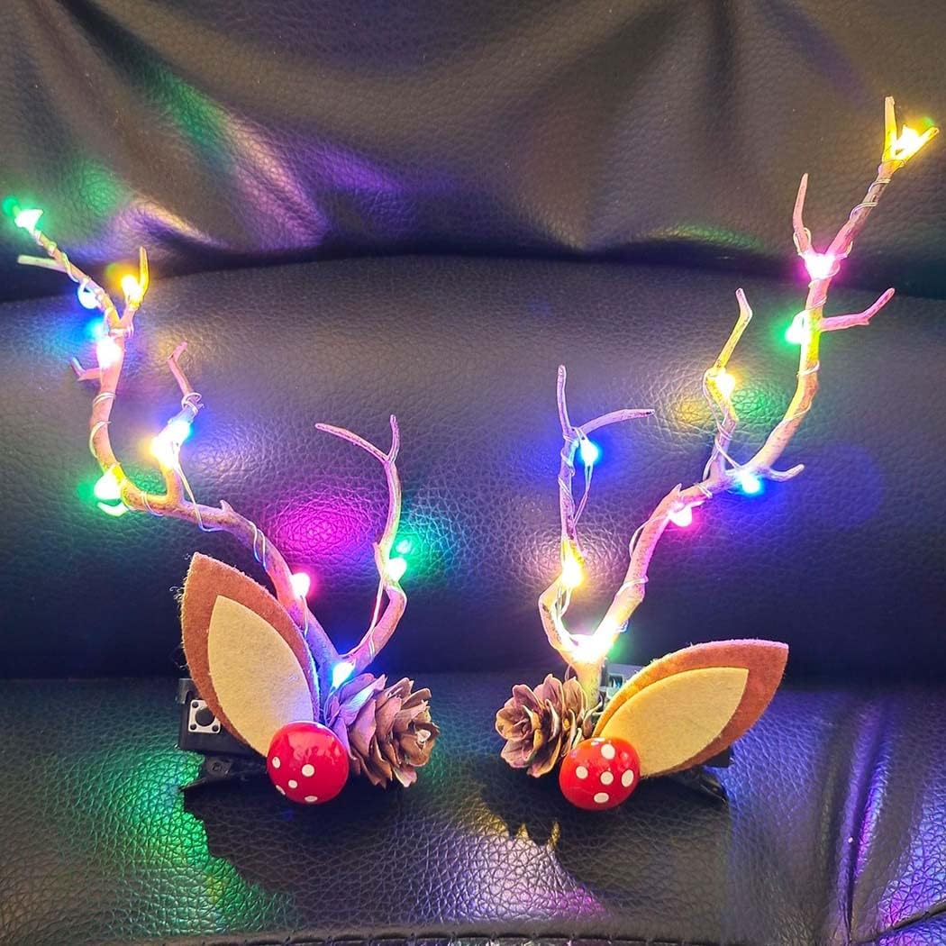 Pinza Navideña para el Pelo, Pinzas de Pelo de Reno Navidad, Diadema de Navidad con luz LED parpadeante, pinzas para el pelo de asta, Accesorios navideños para el Cabello para niños y Adultos (A)