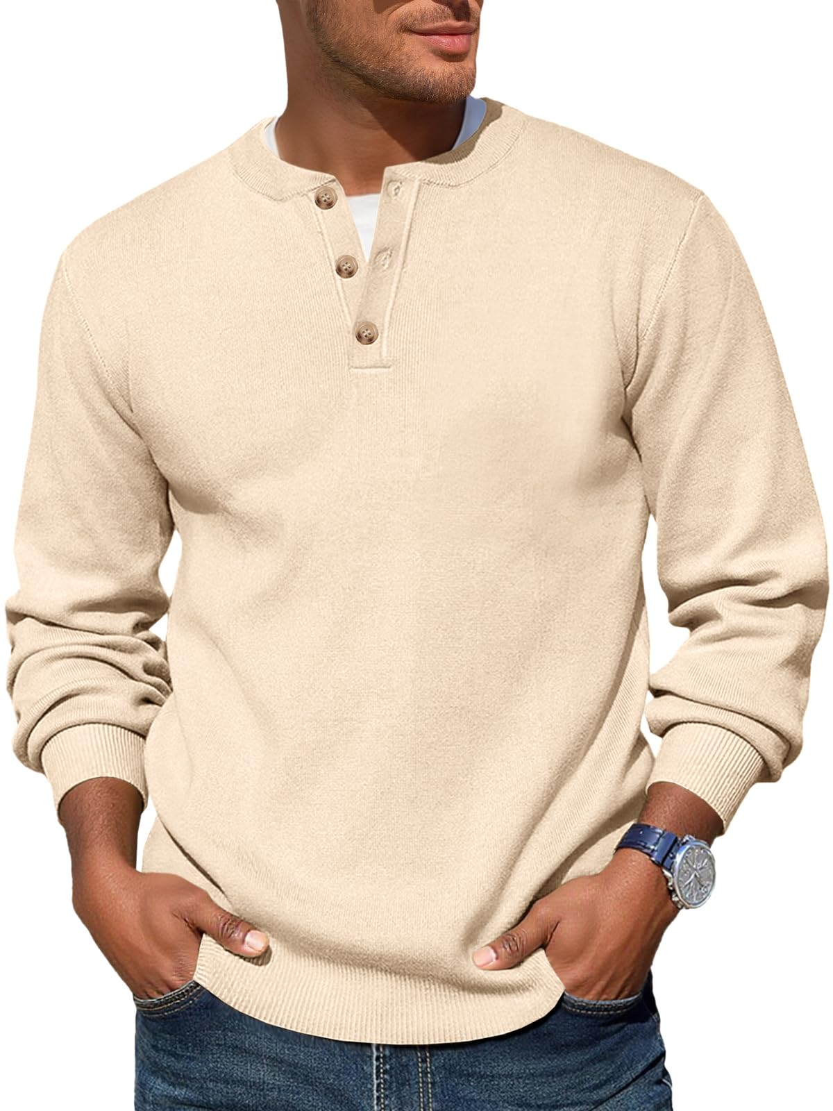 runcati Mens Henley Knit Sweater Long Sleeve Quarter Button Pullover Sweaters Casual Fall Tops-picture-15