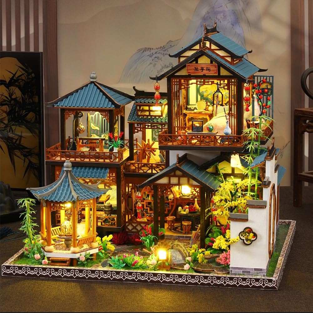 3D Casa de Muñecas de Madera Ensamblada Kit DIY Miniatura Estilo Chino Patio Escena de Construcción con Música Creatividad Halloween Regalo de Cumpleaños (Sin Funda Guardapolvo)
