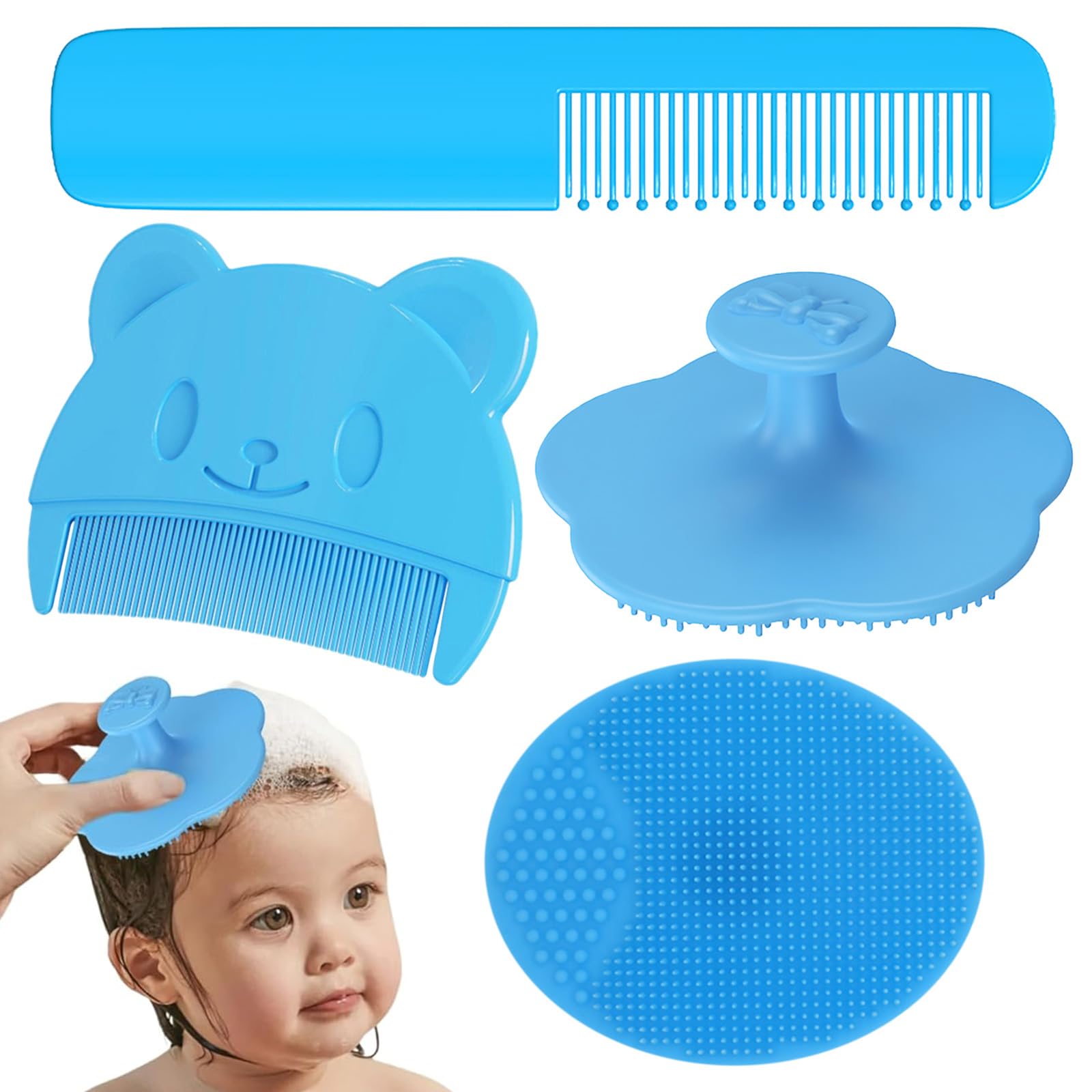 4 Pezzi Spazzola per La Rimozione Della Crosta di Latte Pettine Crosta Lattea Neonato Spazzola per Bambini in Setole Morbide Pettine Neonato Adatto per baby shower(blu)