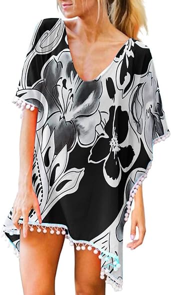Tankini Sets for Womens Trim Kaftan Chiffon Tassels Swimwear Beach Loose Bikini Cover Up Tops For Travel Vacation, Black-3, Small Regular